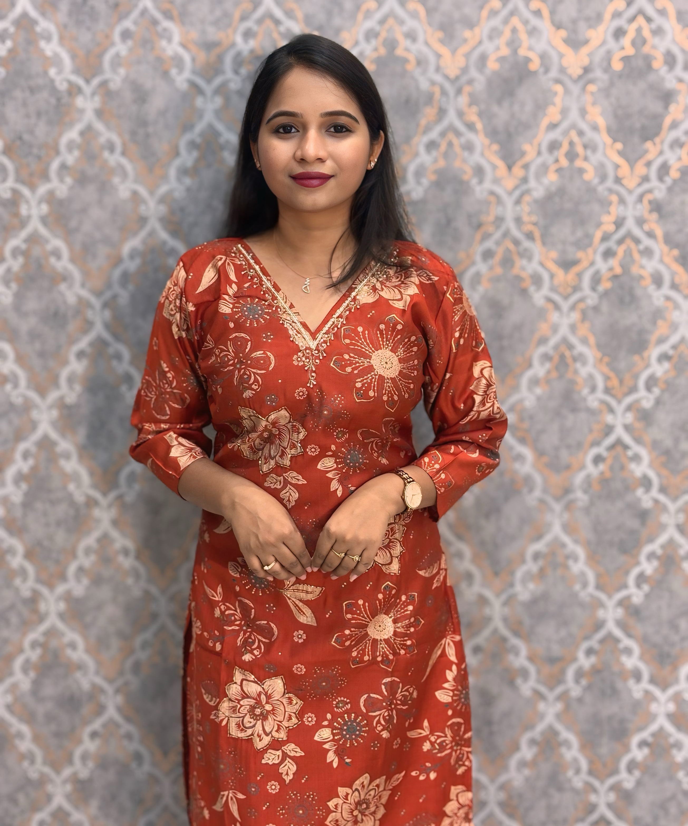 Rust Orange Color V Neck Designer Ethnic Salwar Set with Lining  / ESS381