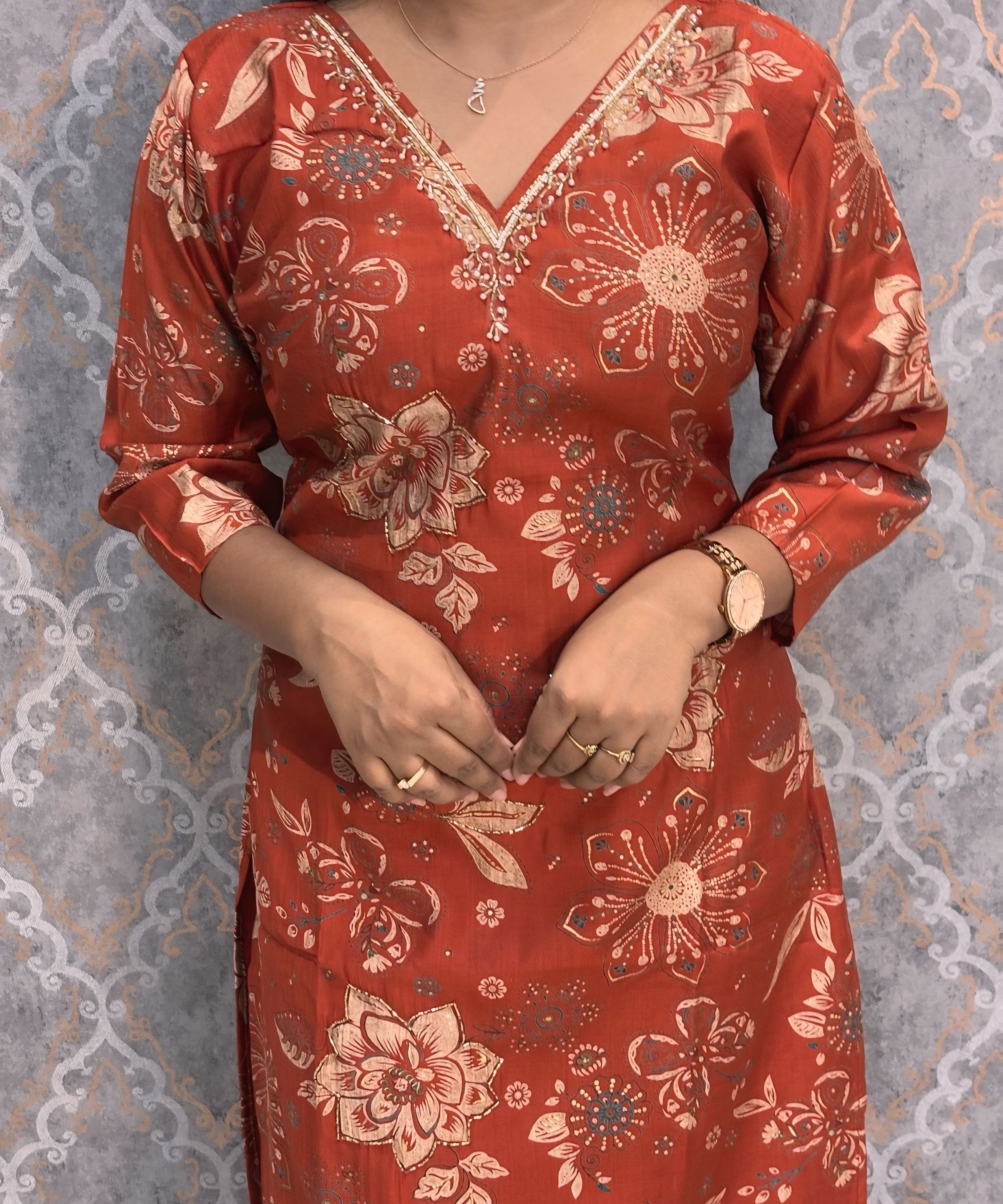 Rust Orange Color V Neck Designer Ethnic Salwar Set with Lining  / ESS381