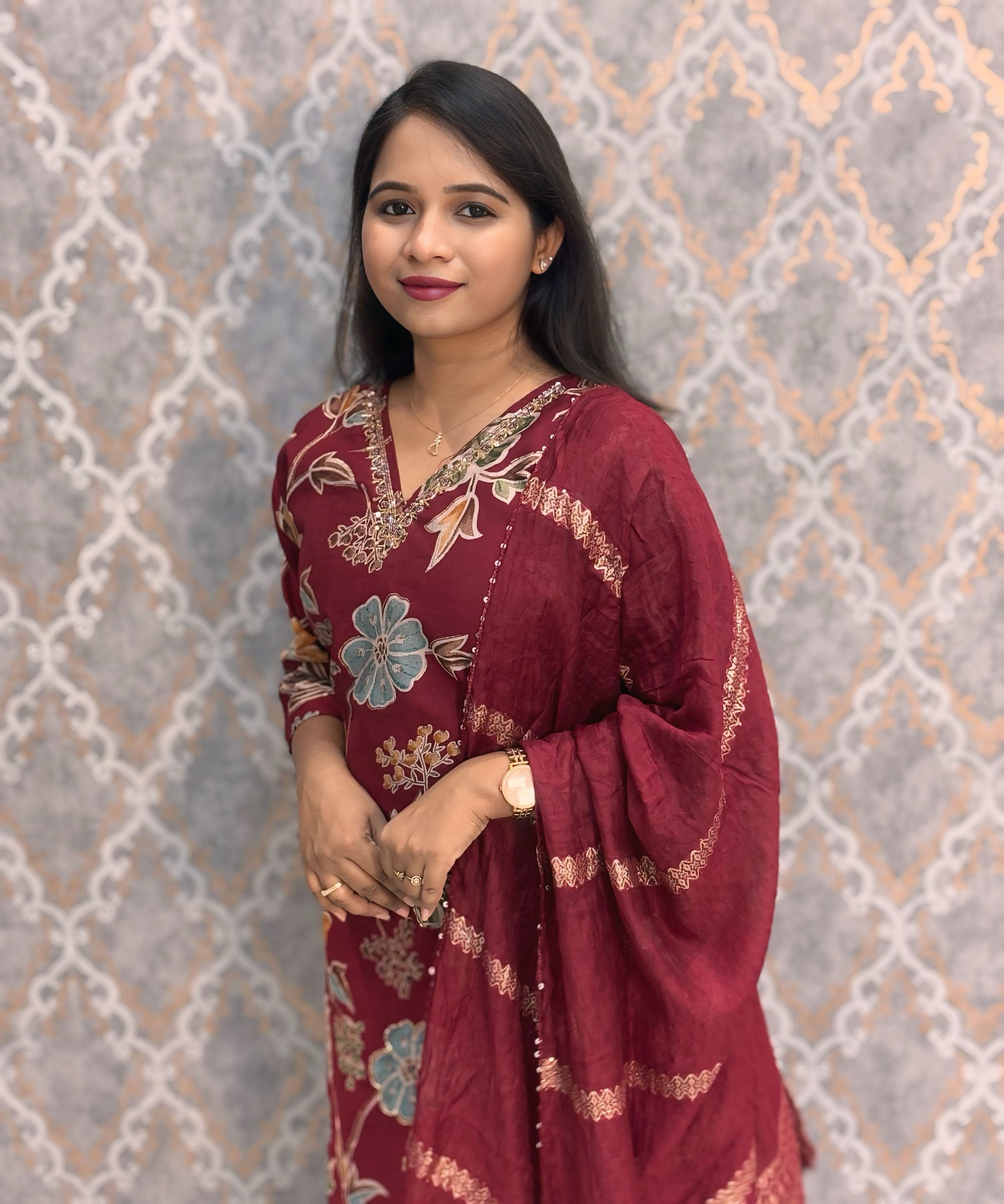 Maroon and Blue Color V Neck Designer Ethnic Salwar Set with Lining  / ESS381