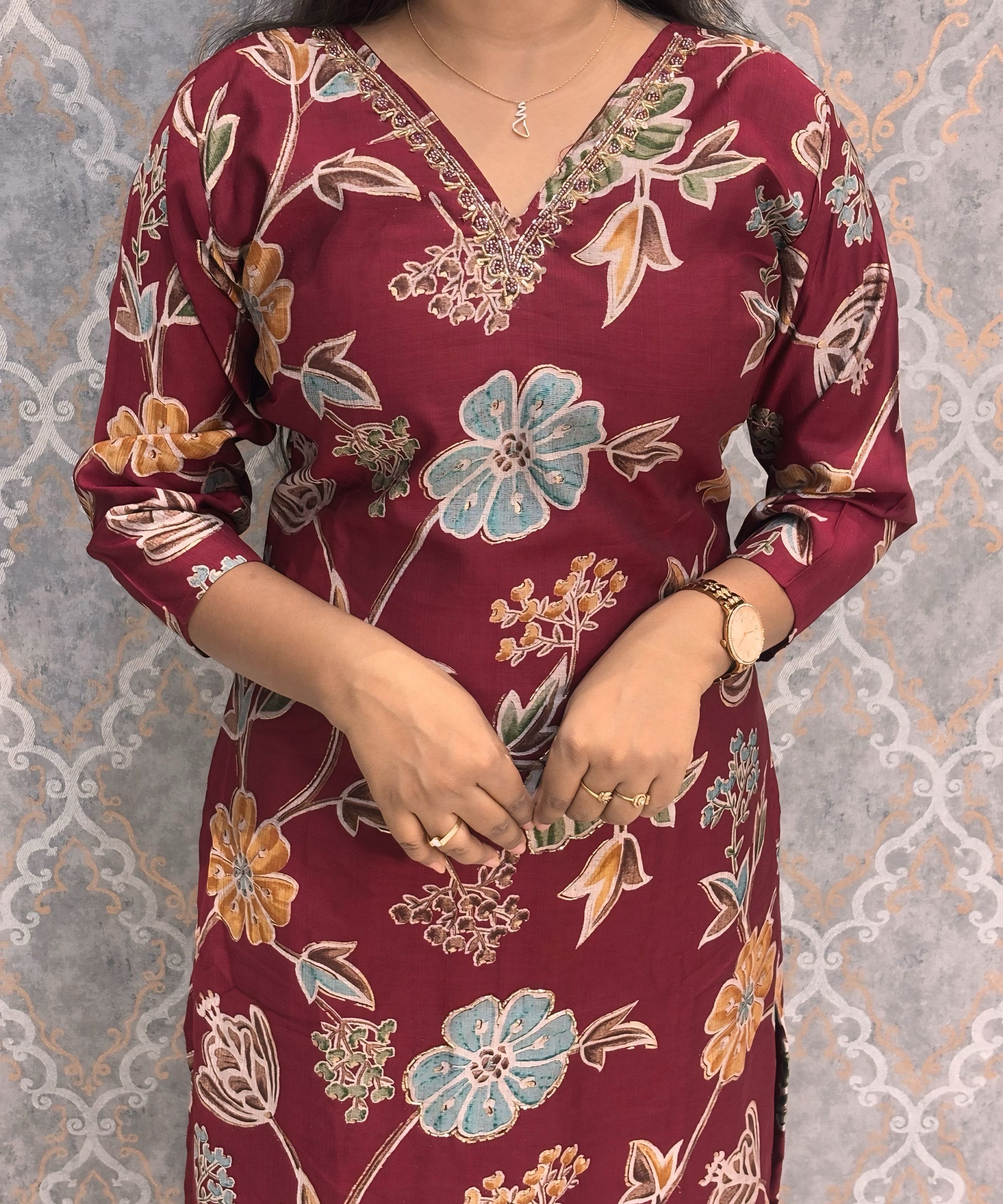 Maroon and Blue Color V Neck Designer Ethnic Salwar Set with Lining  / ESS381