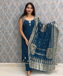 Teal Blue Color Designer Ethnic 3 Piece Salwar Set with Lining (With Sleeves) /  ESS396