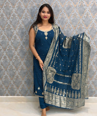 Teal Blue Color Designer Ethnic 3 Piece Salwar Set with Lining (With Sleeves) /  ESS396