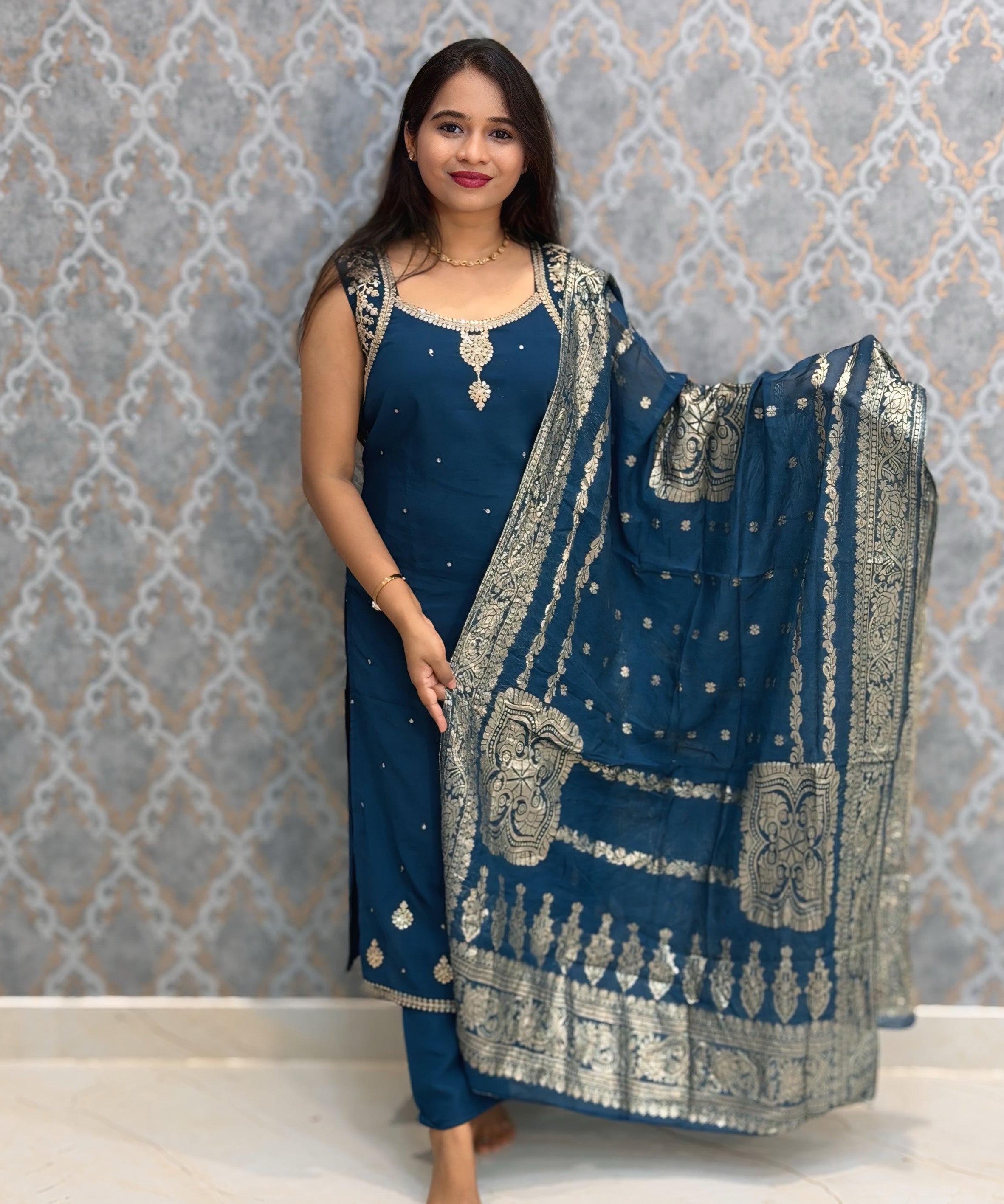 Teal Blue Color Designer Ethnic 3 Piece Salwar Set with Lining (With Sleeves) /  ESS396