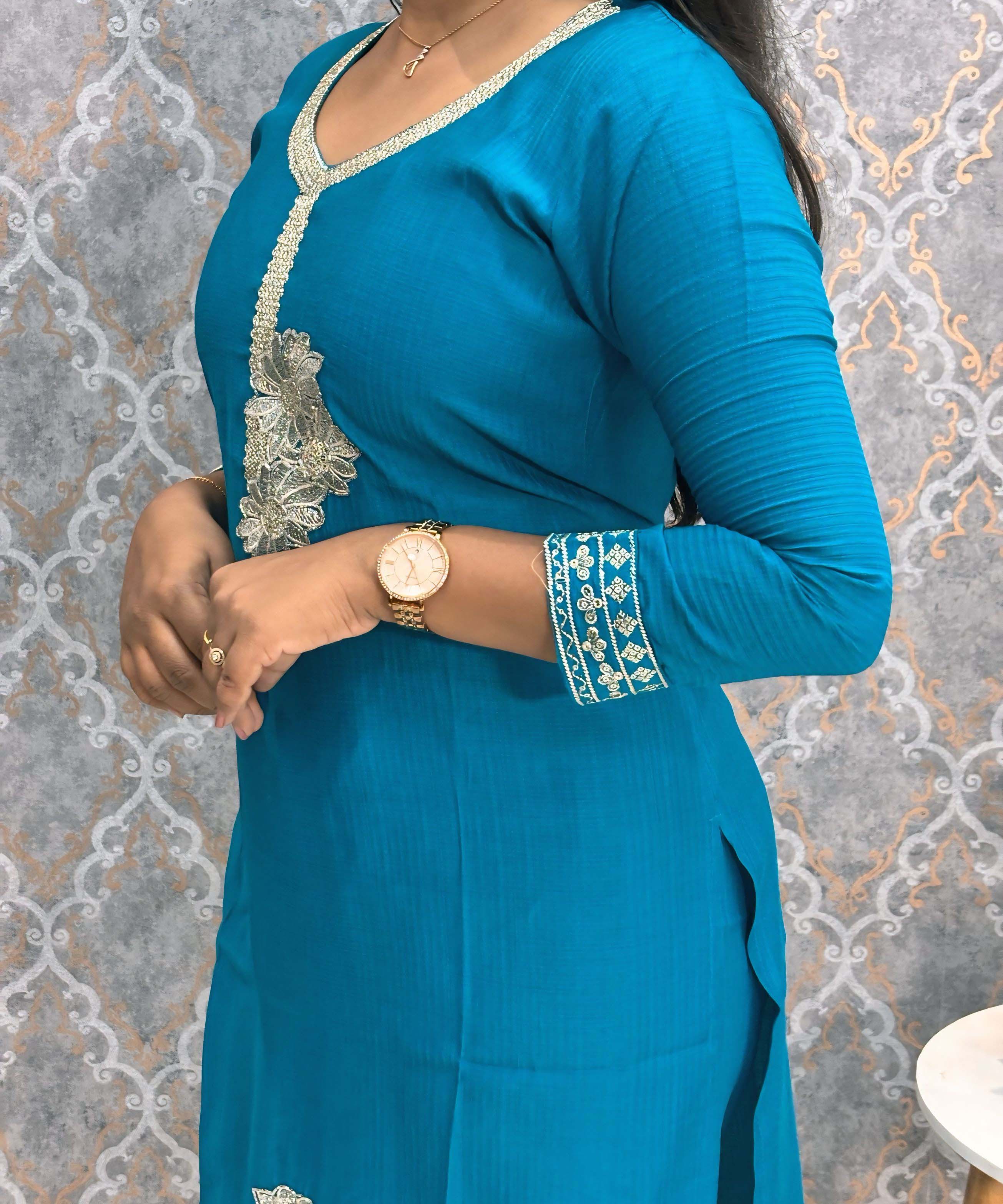 Turquoise Blue Embroidered Silk Blend Salwar Set with Organza Dupatta 3 Piece Salwar Set / ESS344