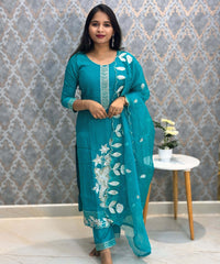 Rama Green Embroidered Silk Blend Salwar Set with Organza Dupatta 3 Piece Salwar Set / ESS344