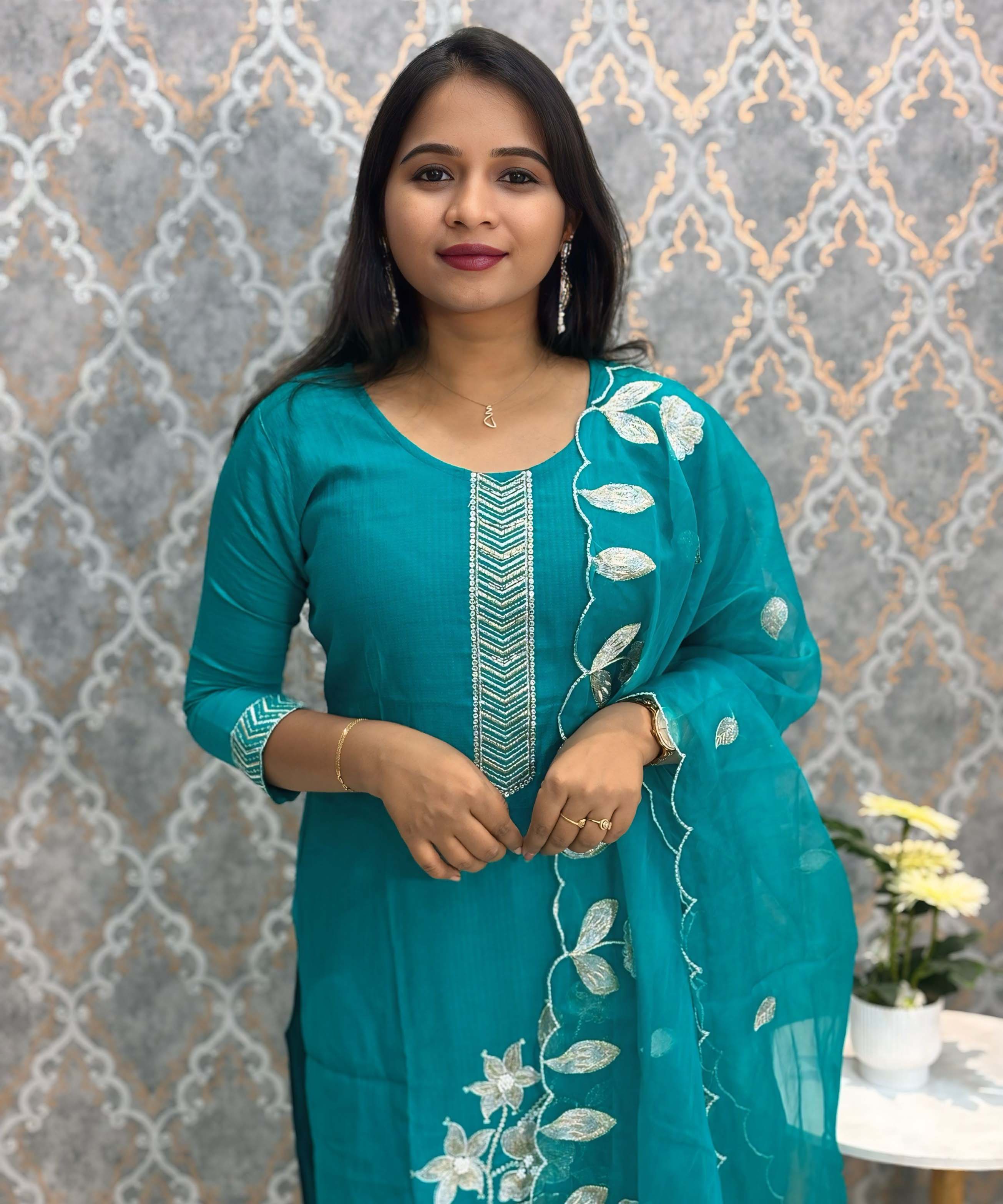 Rama Green Embroidered Silk Blend Salwar Set with Organza Dupatta 3 Piece Salwar Set / ESS344