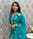 Rama Green Embroidered Silk Blend Salwar Set with Organza Dupatta 3 Piece Salwar Set / ESS344