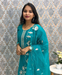 Rama Green Embroidered Silk Blend Salwar Set with Organza Dupatta 3 Piece Salwar Set / ESS344