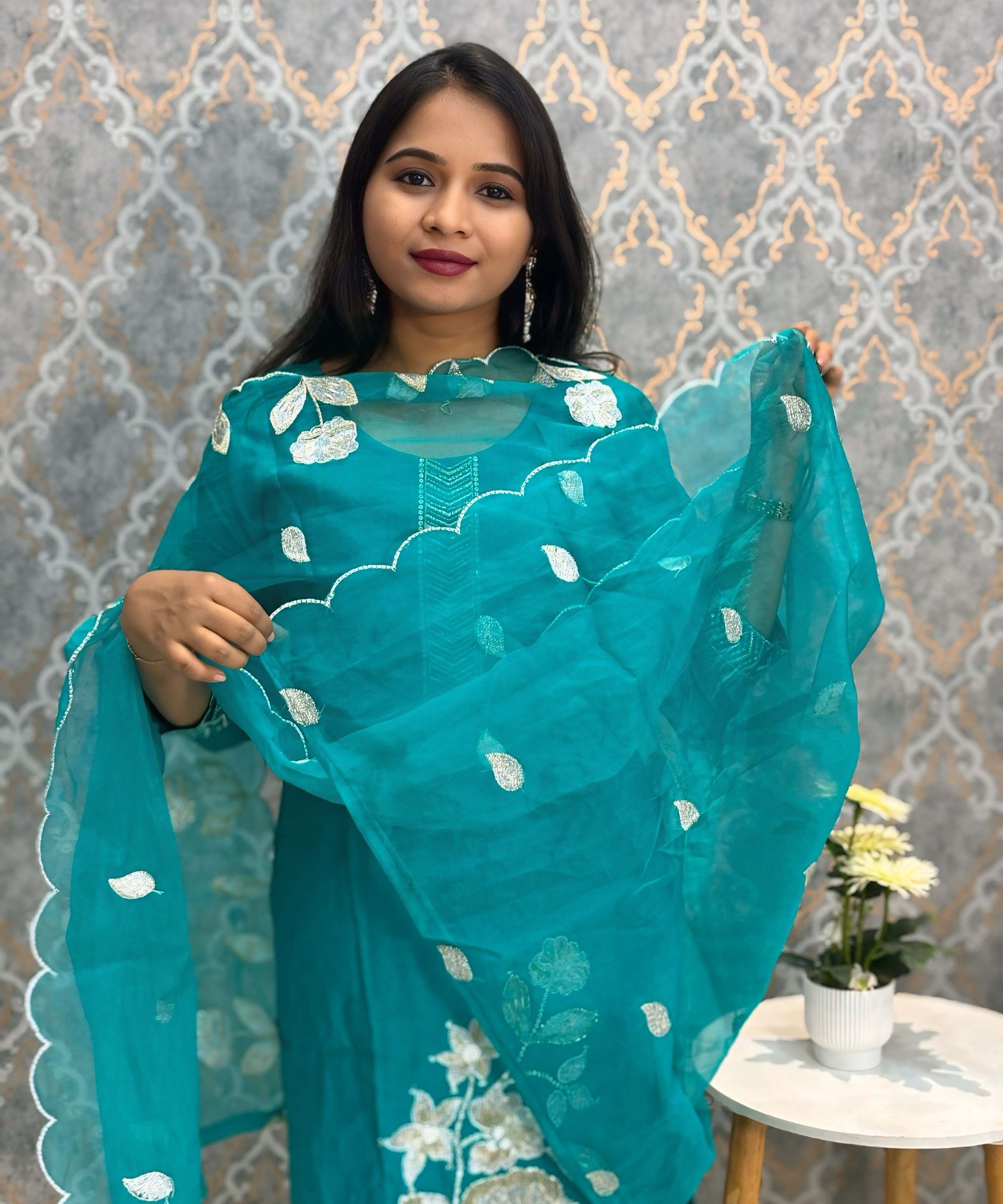 Rama Green Embroidered Silk Blend Salwar Set with Organza Dupatta 3 Piece Salwar Set / ESS344