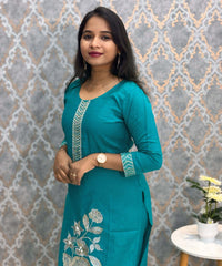 Rama Green Embroidered Silk Blend Salwar Set with Organza Dupatta 3 Piece Salwar Set / ESS344