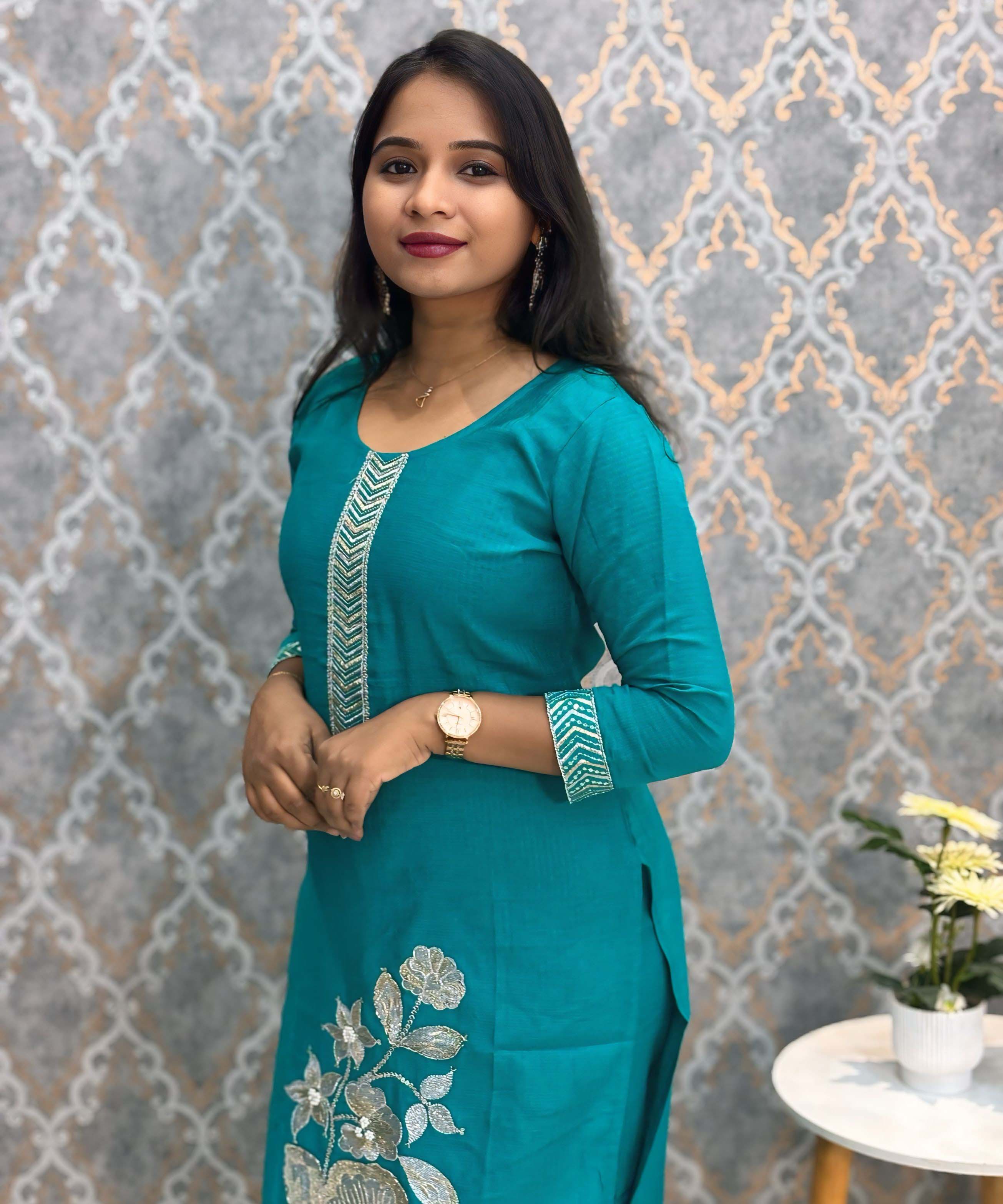 Rama Green Embroidered Silk Blend Salwar Set with Organza Dupatta 3 Piece Salwar Set / ESS344