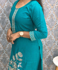 Rama Green Embroidered Silk Blend Salwar Set with Organza Dupatta 3 Piece Salwar Set / ESS344