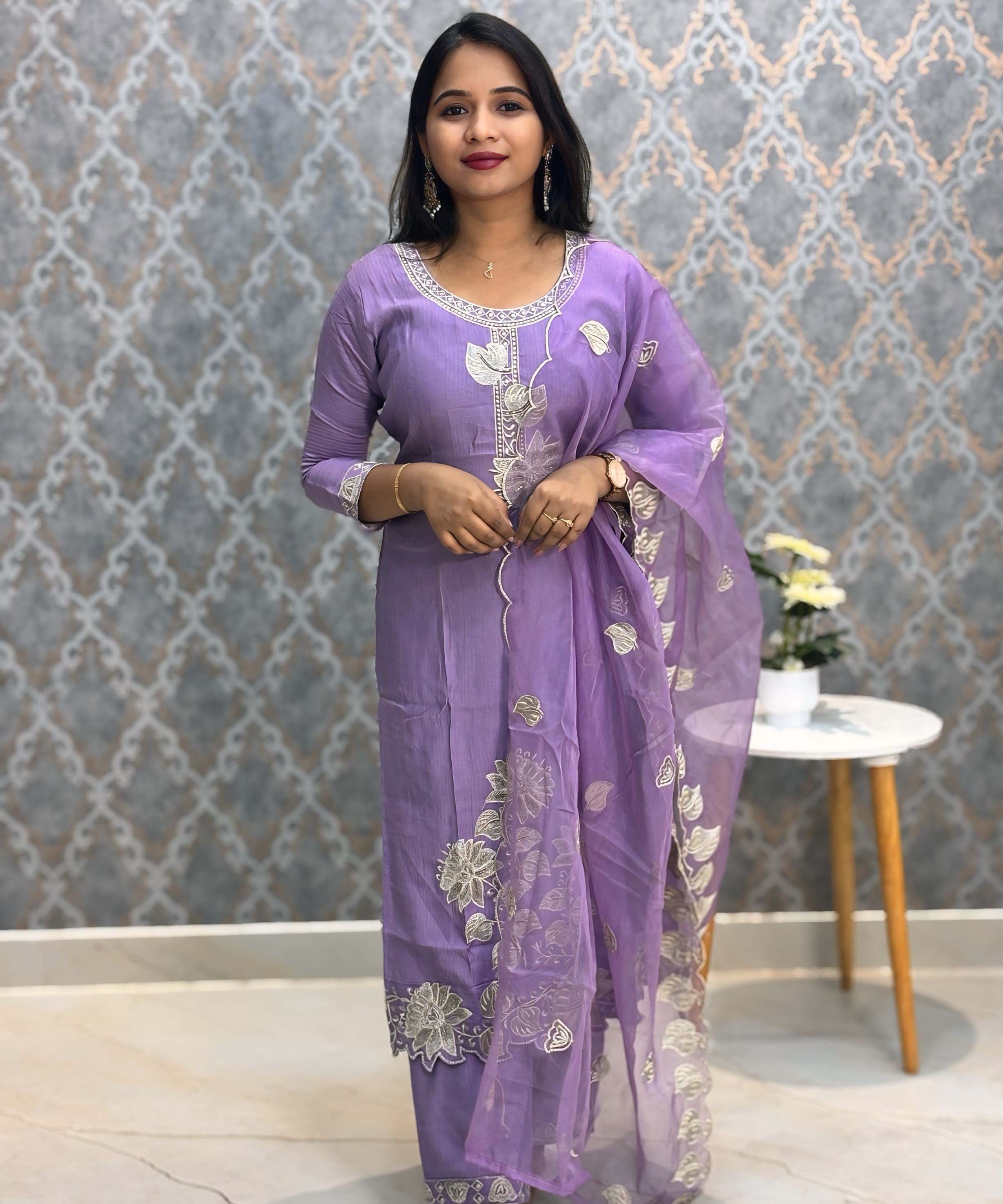 Violet Embroidered Silk Blend Salwar Set with Organza Dupatta 3 Piece Salwar Set / ESS344