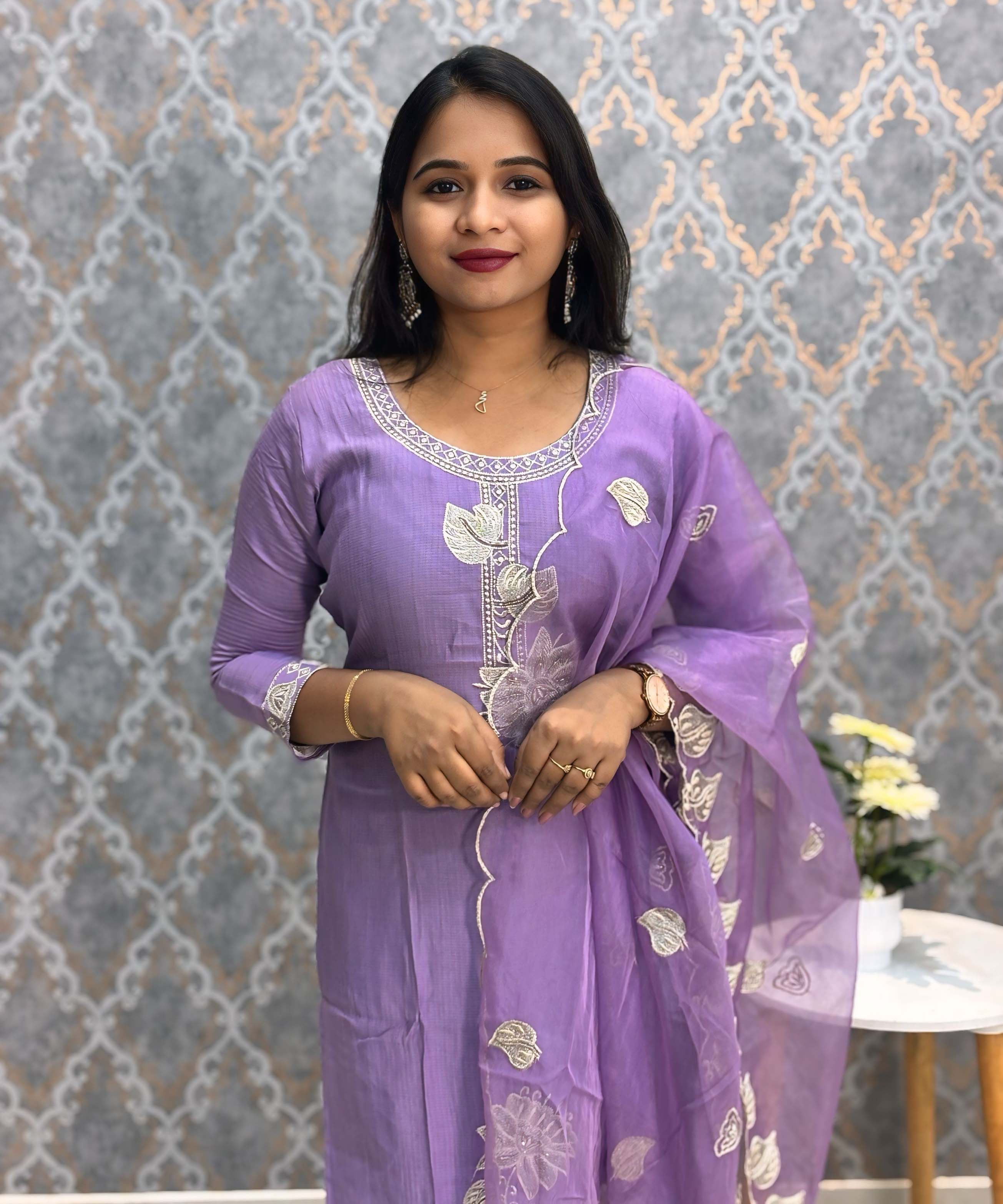 Violet Embroidered Silk Blend Salwar Set with Organza Dupatta 3 Piece Salwar Set / ESS344