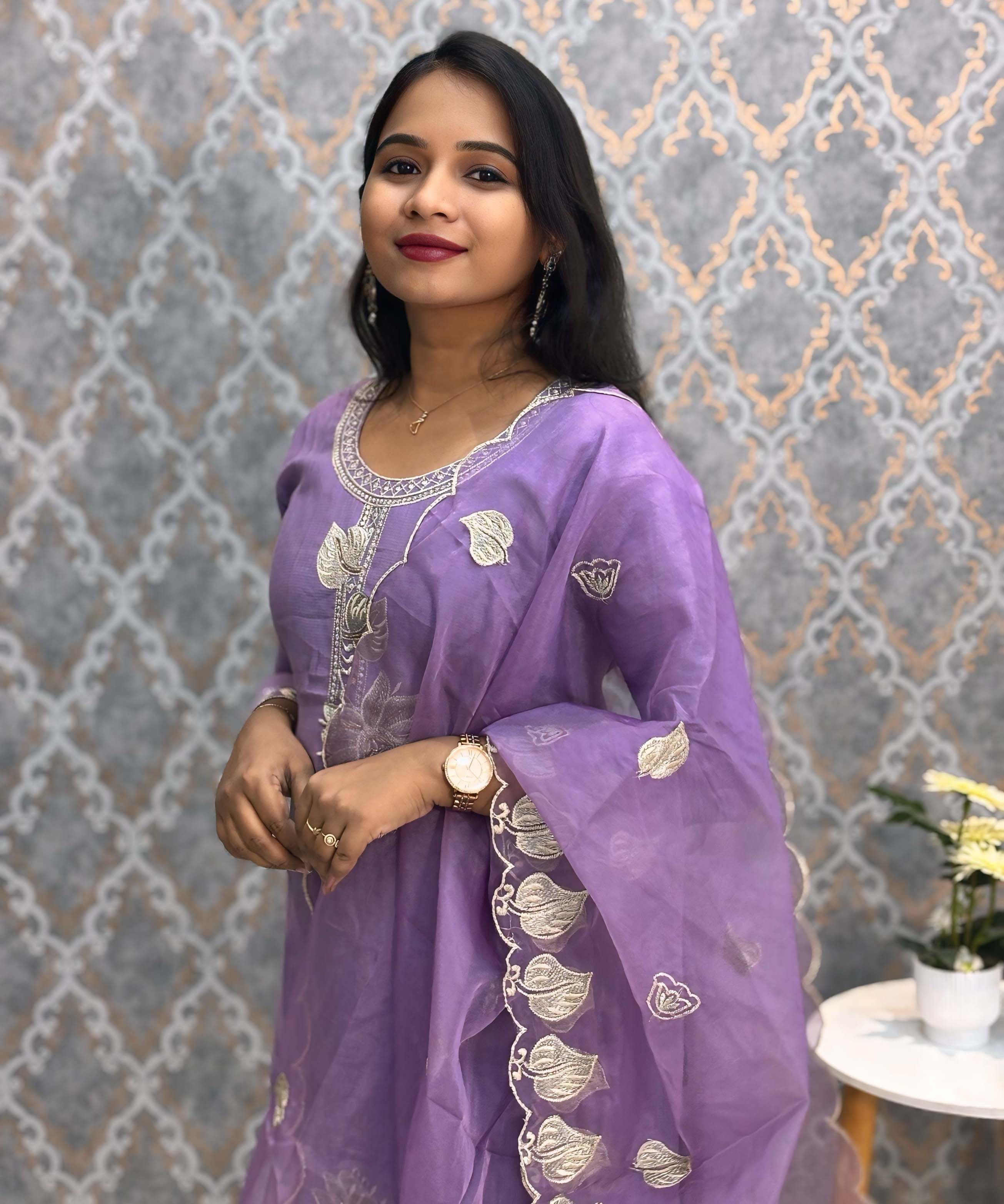 Violet Embroidered Silk Blend Salwar Set with Organza Dupatta 3 Piece Salwar Set / ESS344