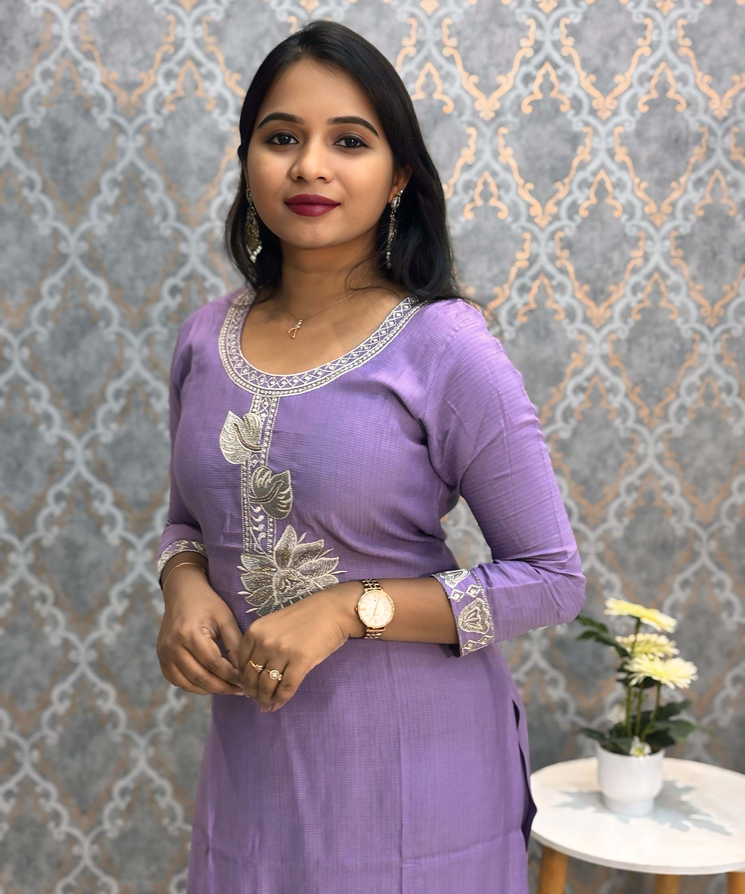 Violet Embroidered Silk Blend Salwar Set with Organza Dupatta 3 Piece Salwar Set / ESS344