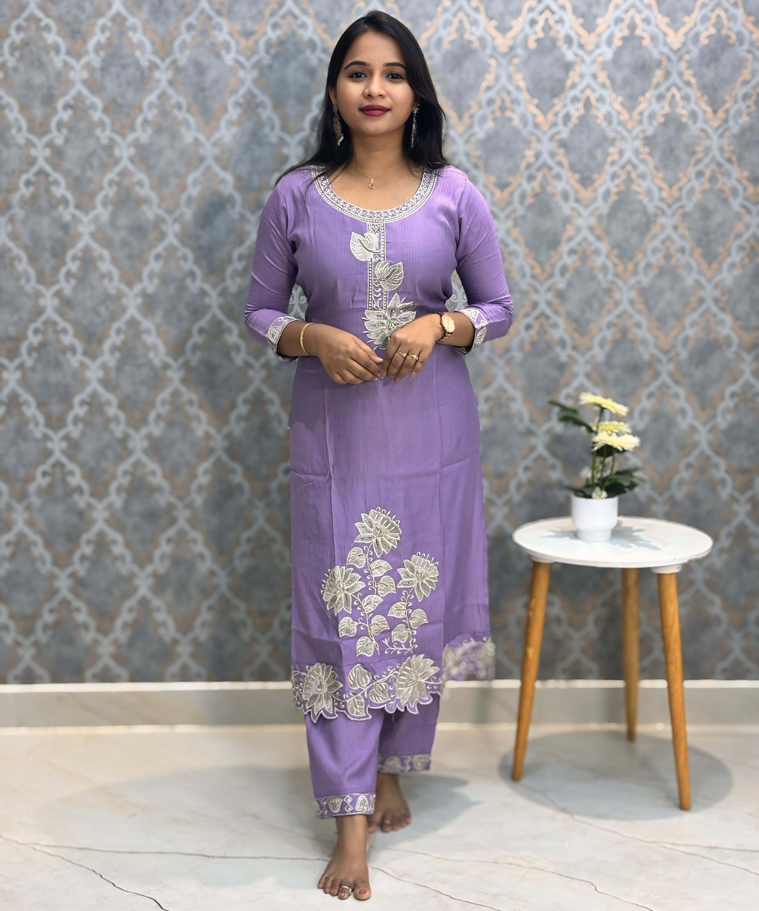 Violet Embroidered Silk Blend Salwar Set with Organza Dupatta 3 Piece Salwar Set / ESS344