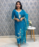 Turquoise Blue Embroidered Silk Blend Salwar Set with Organza Dupatta 3 Piece Salwar Set / ESS344