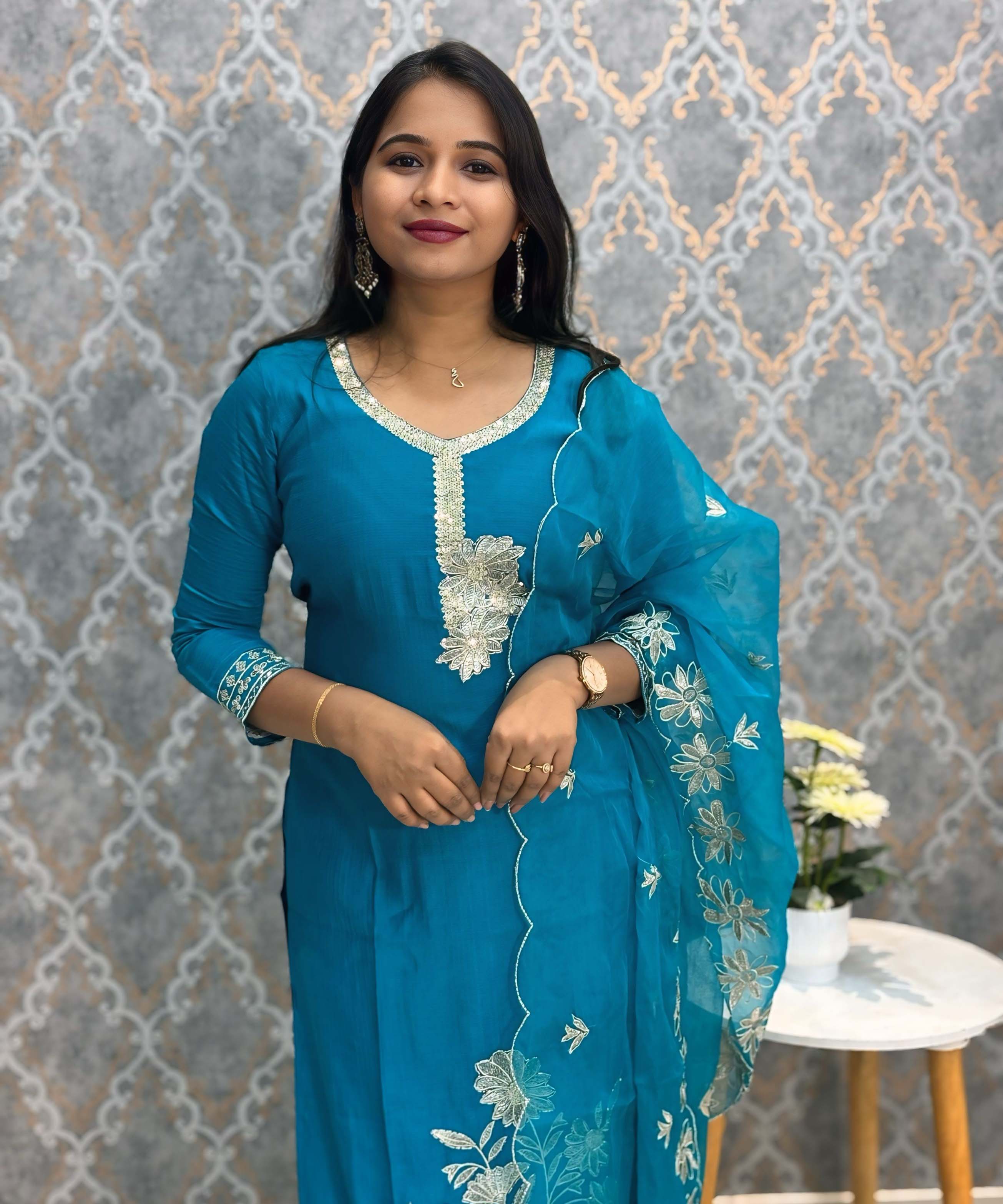 Turquoise Blue Embroidered Silk Blend Salwar Set with Organza Dupatta 3 Piece Salwar Set / ESS344