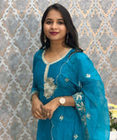 Turquoise Blue Embroidered Silk Blend Salwar Set with Organza Dupatta 3 Piece Salwar Set / ESS344