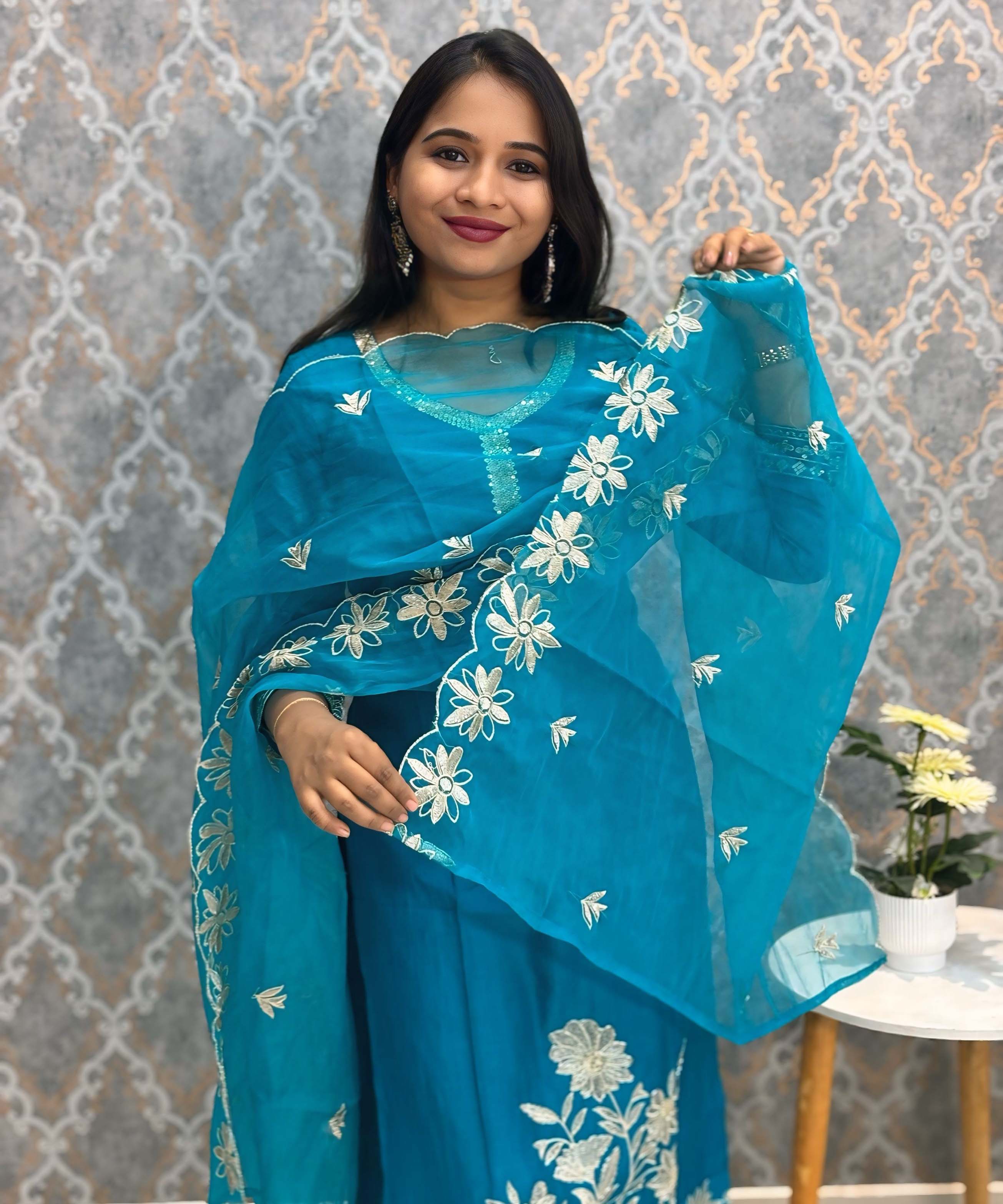 Turquoise Blue Embroidered Silk Blend Salwar Set with Organza Dupatta 3 Piece Salwar Set / ESS344