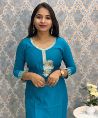 Turquoise Blue Embroidered Silk Blend Salwar Set with Organza Dupatta 3 Piece Salwar Set / ESS344