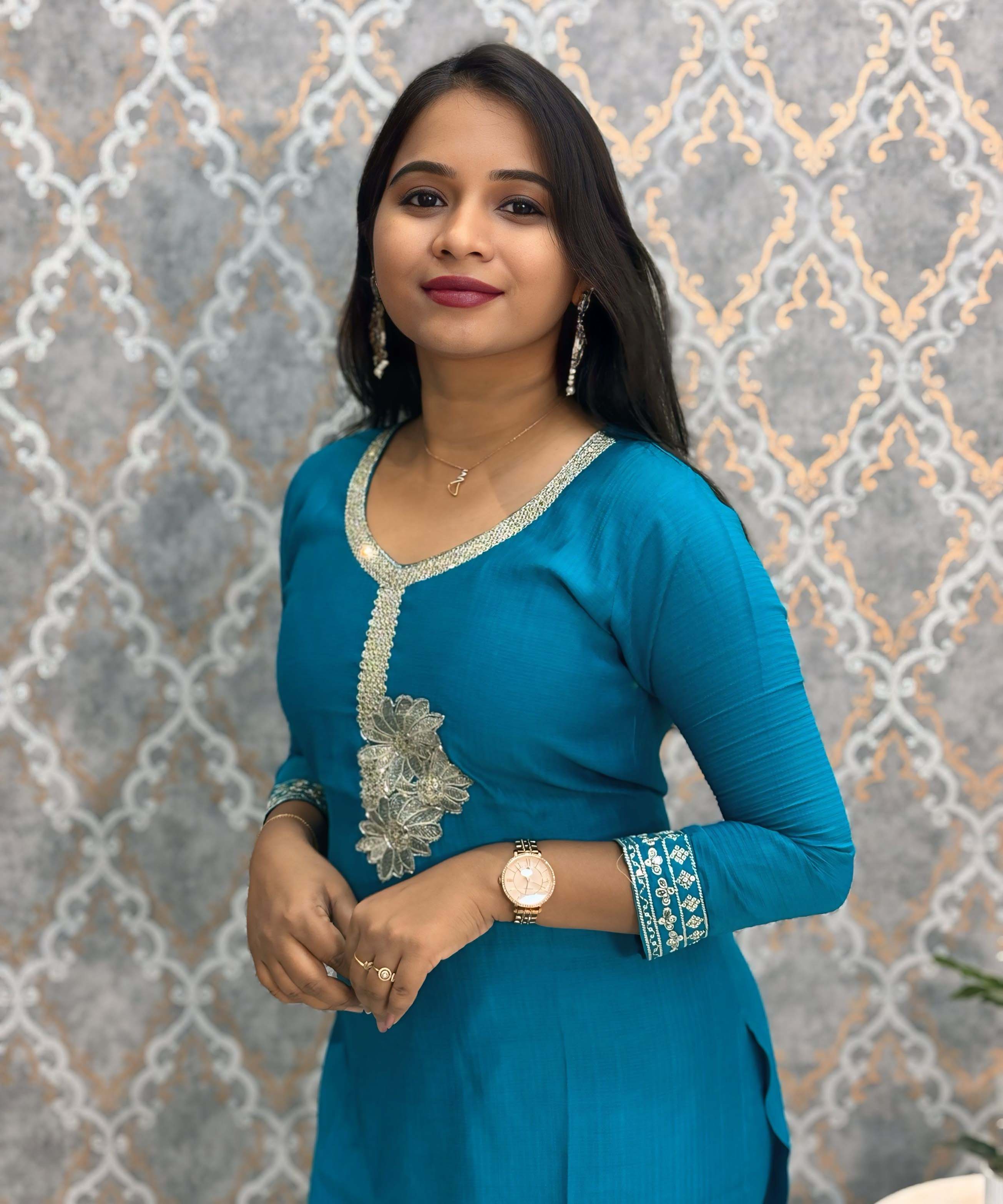 Turquoise Blue Embroidered Silk Blend Salwar Set with Organza Dupatta 3 Piece Salwar Set / ESS344