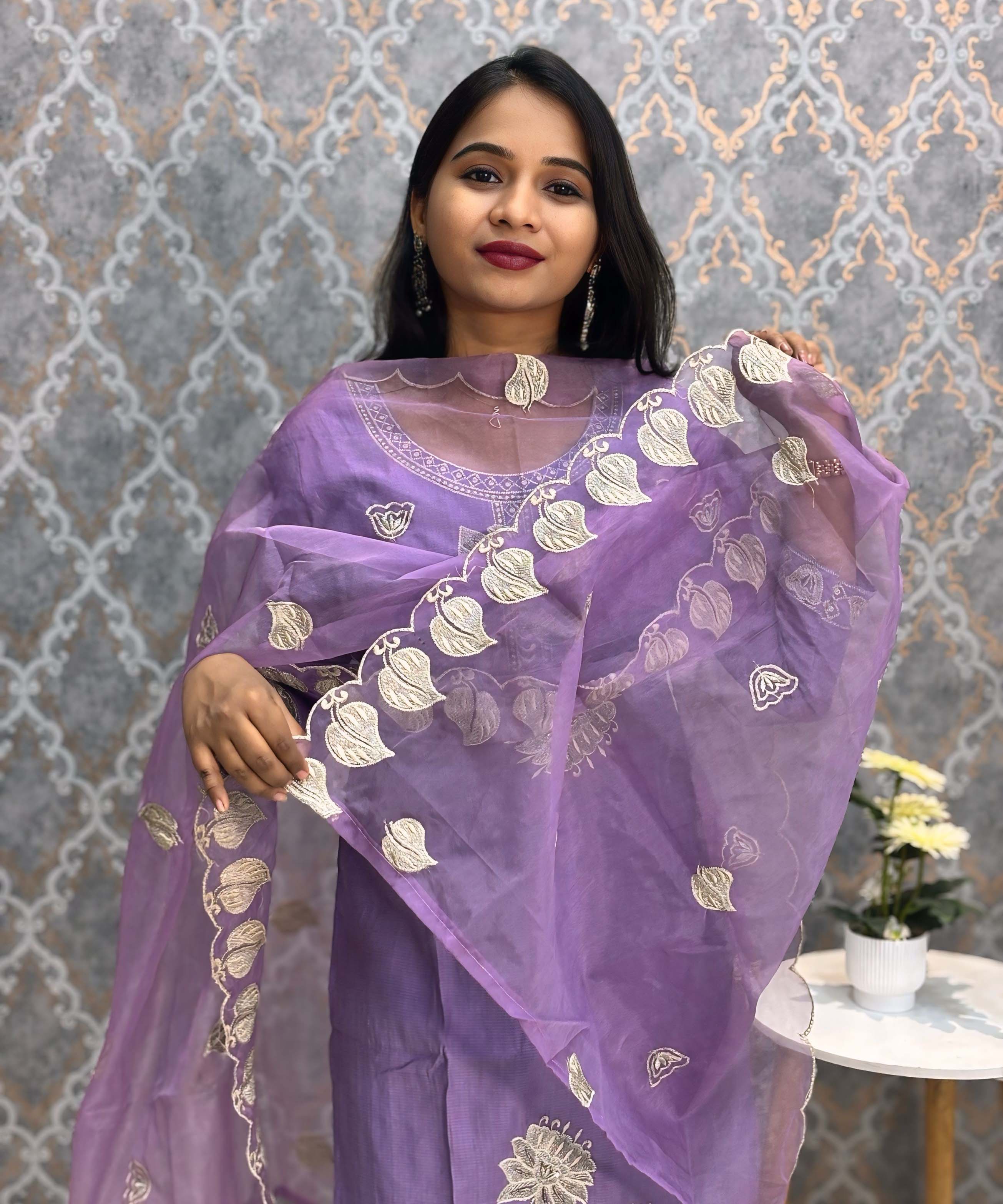 Violet Embroidered Silk Blend Salwar Set with Organza Dupatta 3 Piece Salwar Set / ESS344