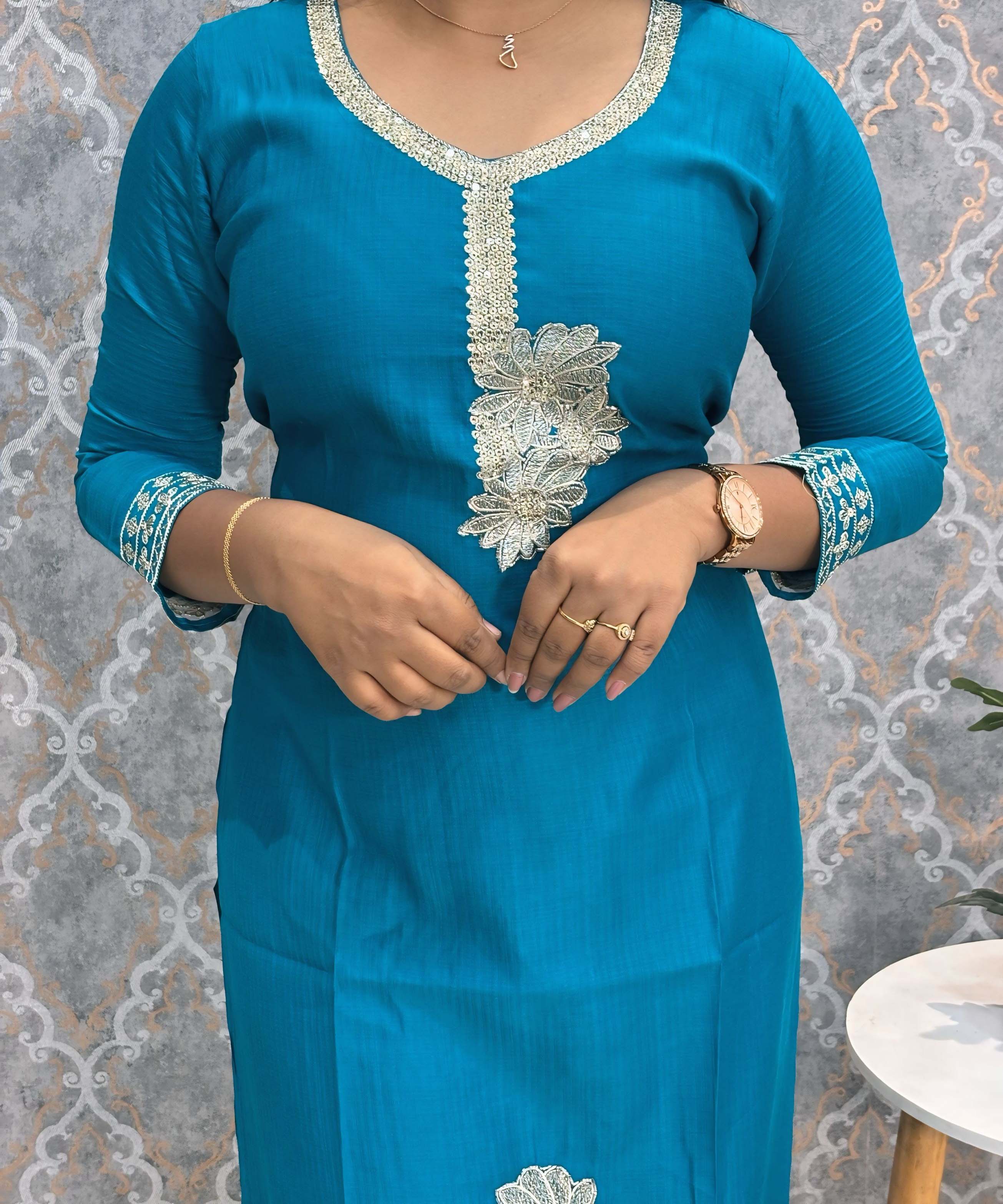 Turquoise Blue Embroidered Silk Blend Salwar Set with Organza Dupatta 3 Piece Salwar Set / ESS344