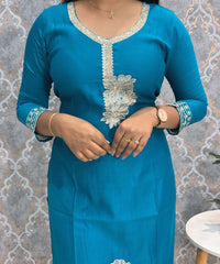 Turquoise Blue Embroidered Silk Blend Salwar Set with Organza Dupatta 3 Piece Salwar Set / ESS344