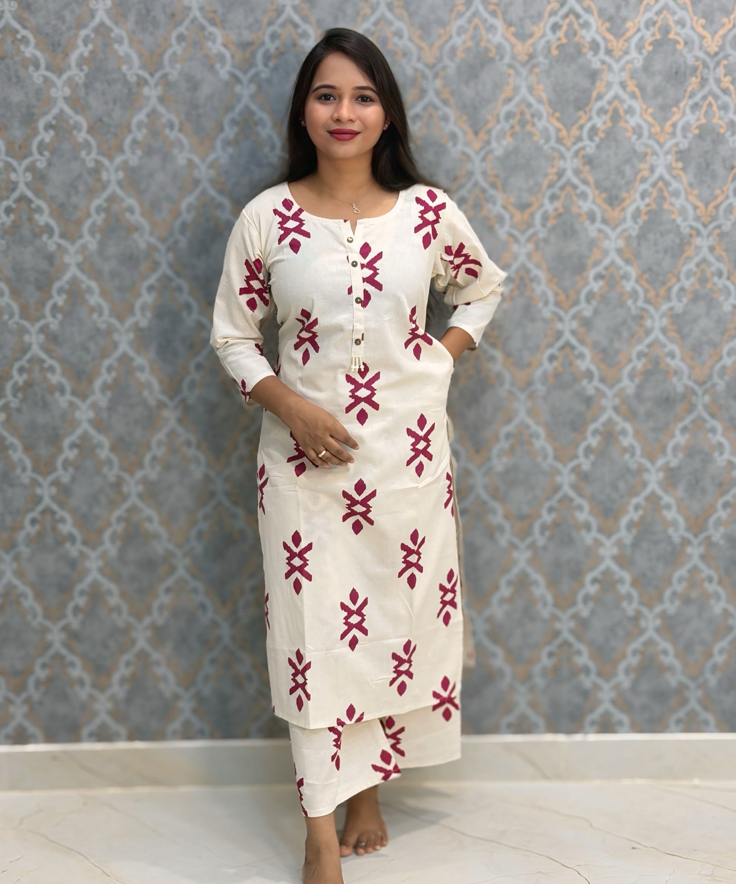 Purple and Half White Color Flex Cotton Coord Set with Pocket / ESS392