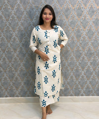 Peacock Blue and Half White Color Flex Cotton Coord Set with Pocket / ESS392