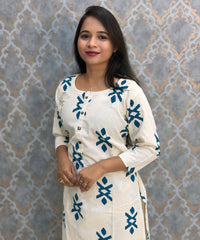 Peacock Blue and Half White Color Flex Cotton Coord Set with Pocket / ESS392