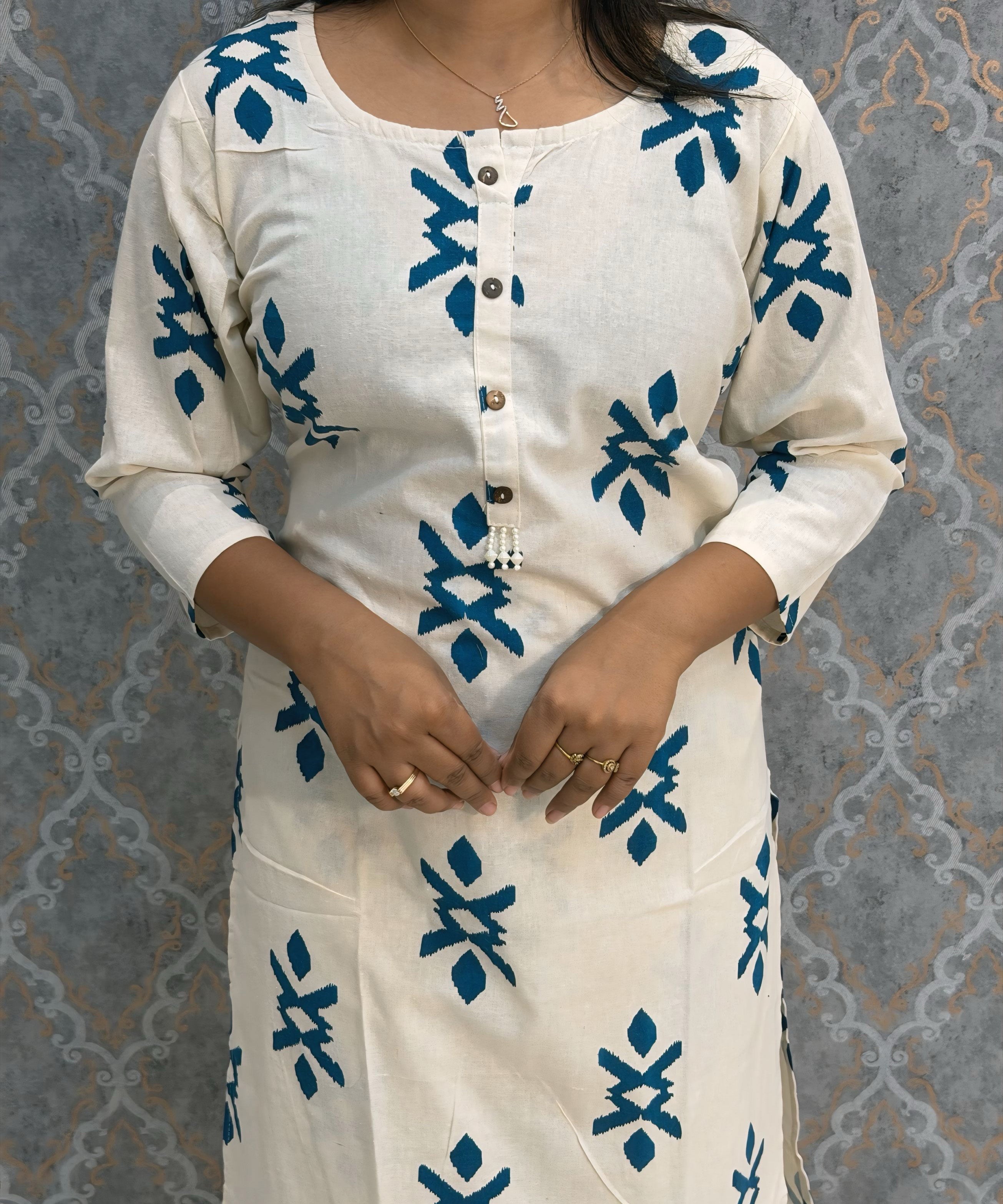 Peacock Blue and Half White Color Flex Cotton Coord Set with Pocket / ESS392