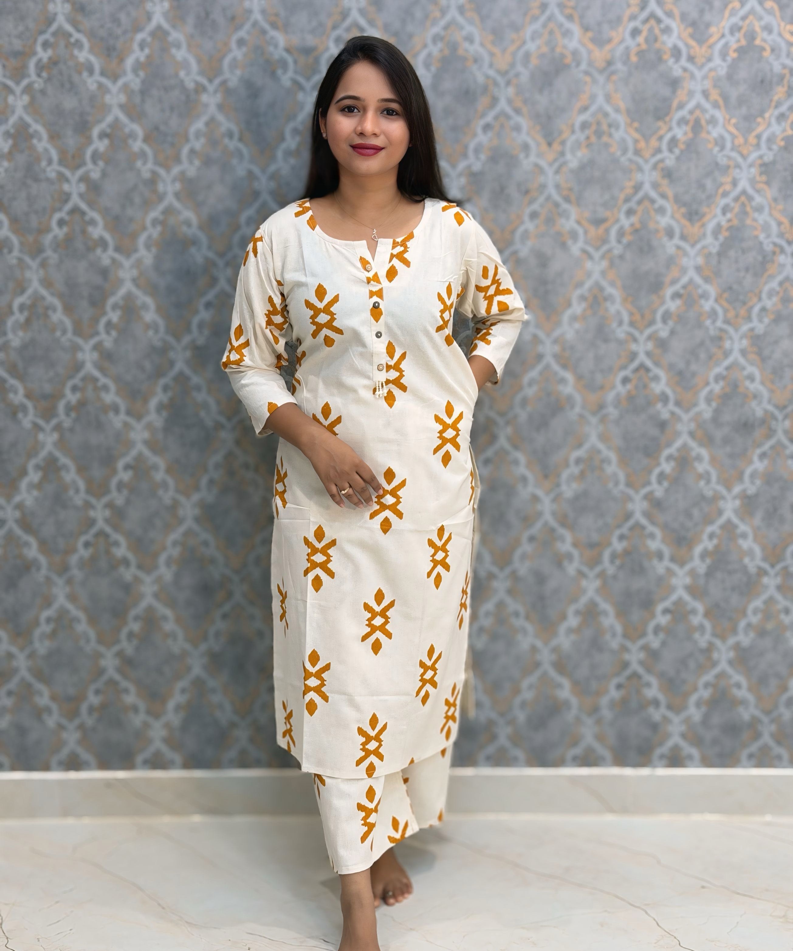 Orange and Half White Color Flex Cotton Coord Set with Pocket / ESS392