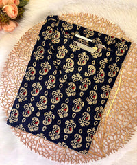 Navy Blue and Beige Color Floral Flex Cotton Kurti with Pocket / LSS180