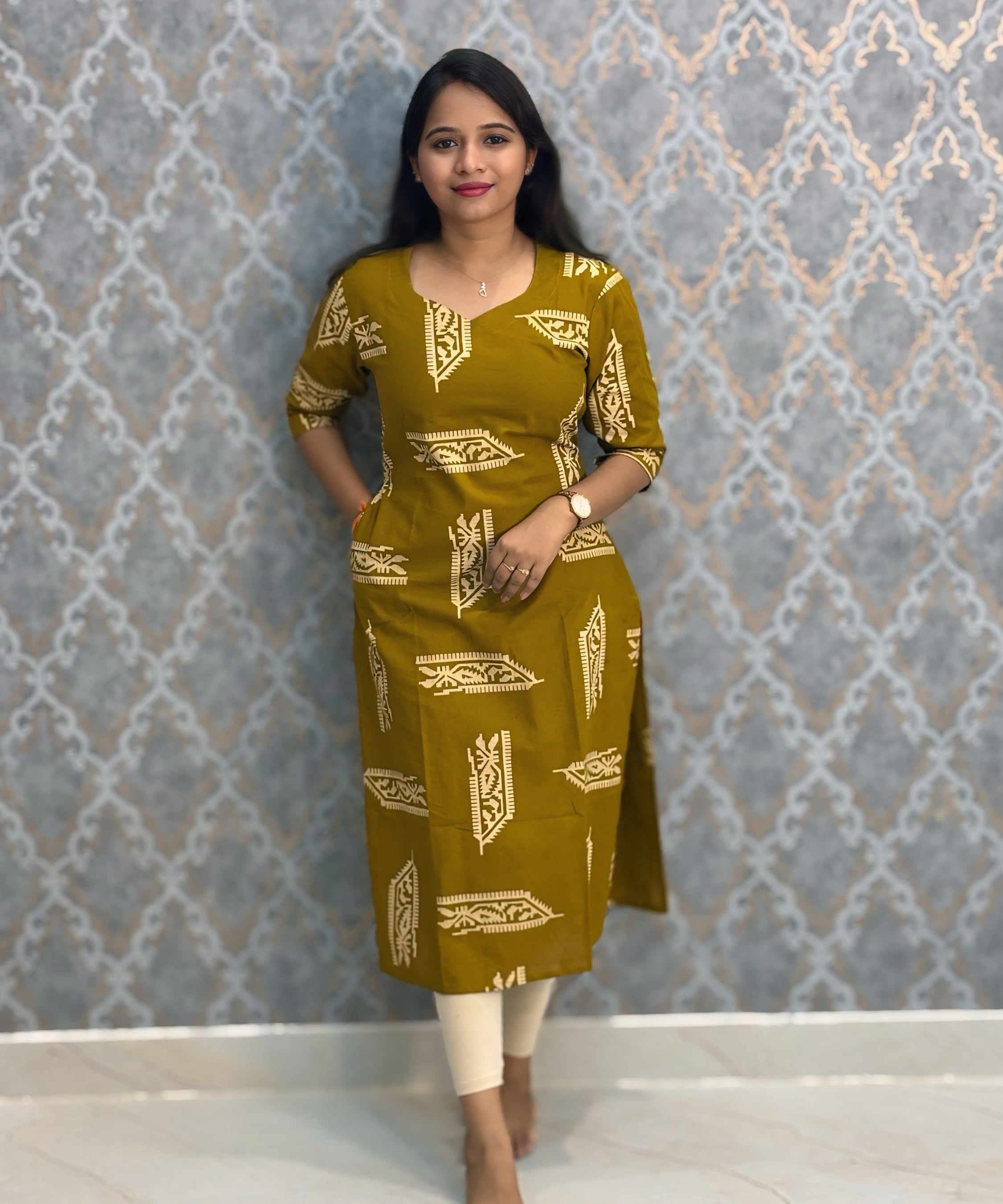 Mustard Yellow Color Shaped Collar V neck Flex Cotton Kurti with Pocket / LSS214