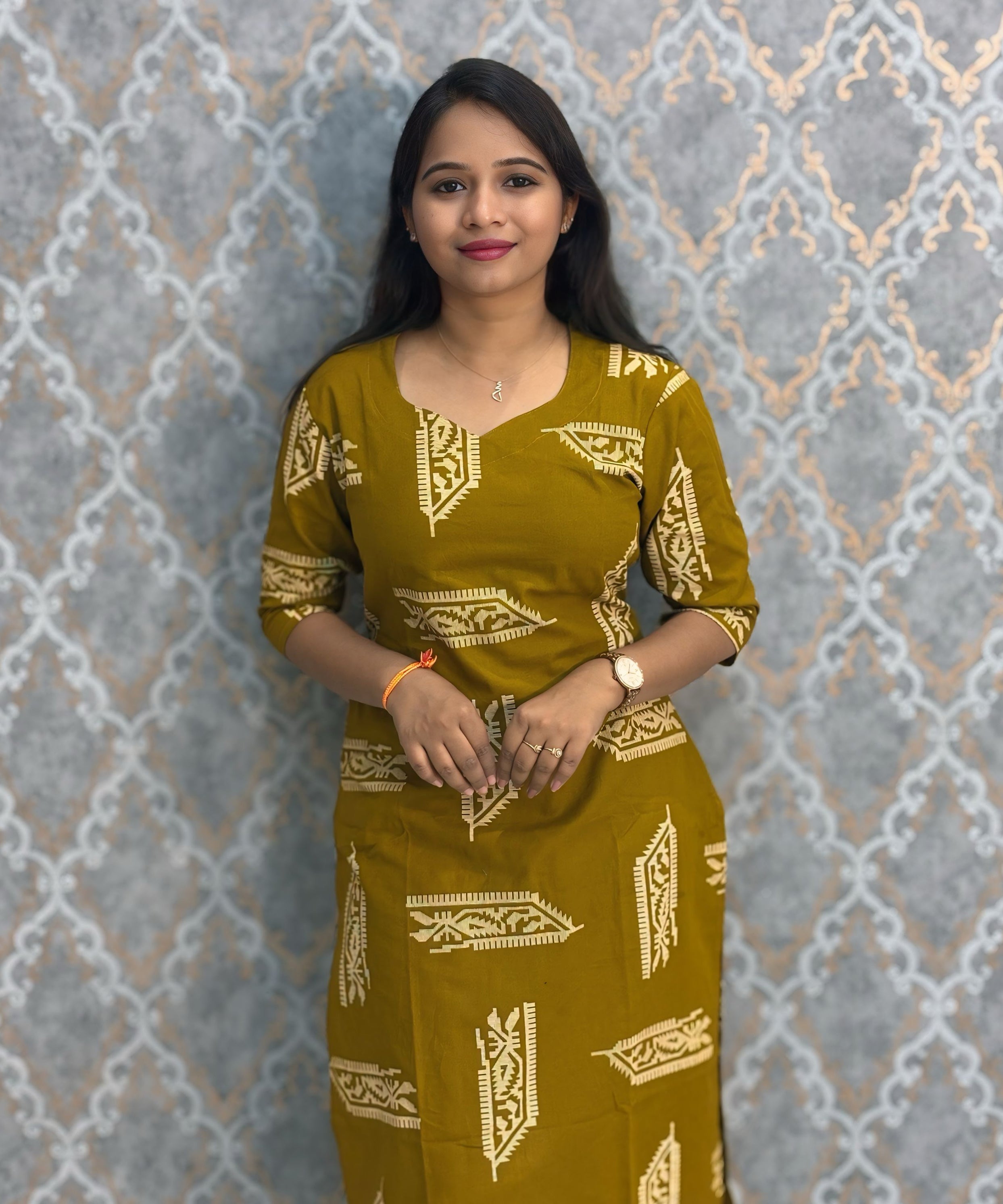 Mustard Yellow Color Shaped Collar V neck Flex Cotton Kurti with Pocket / LSS214