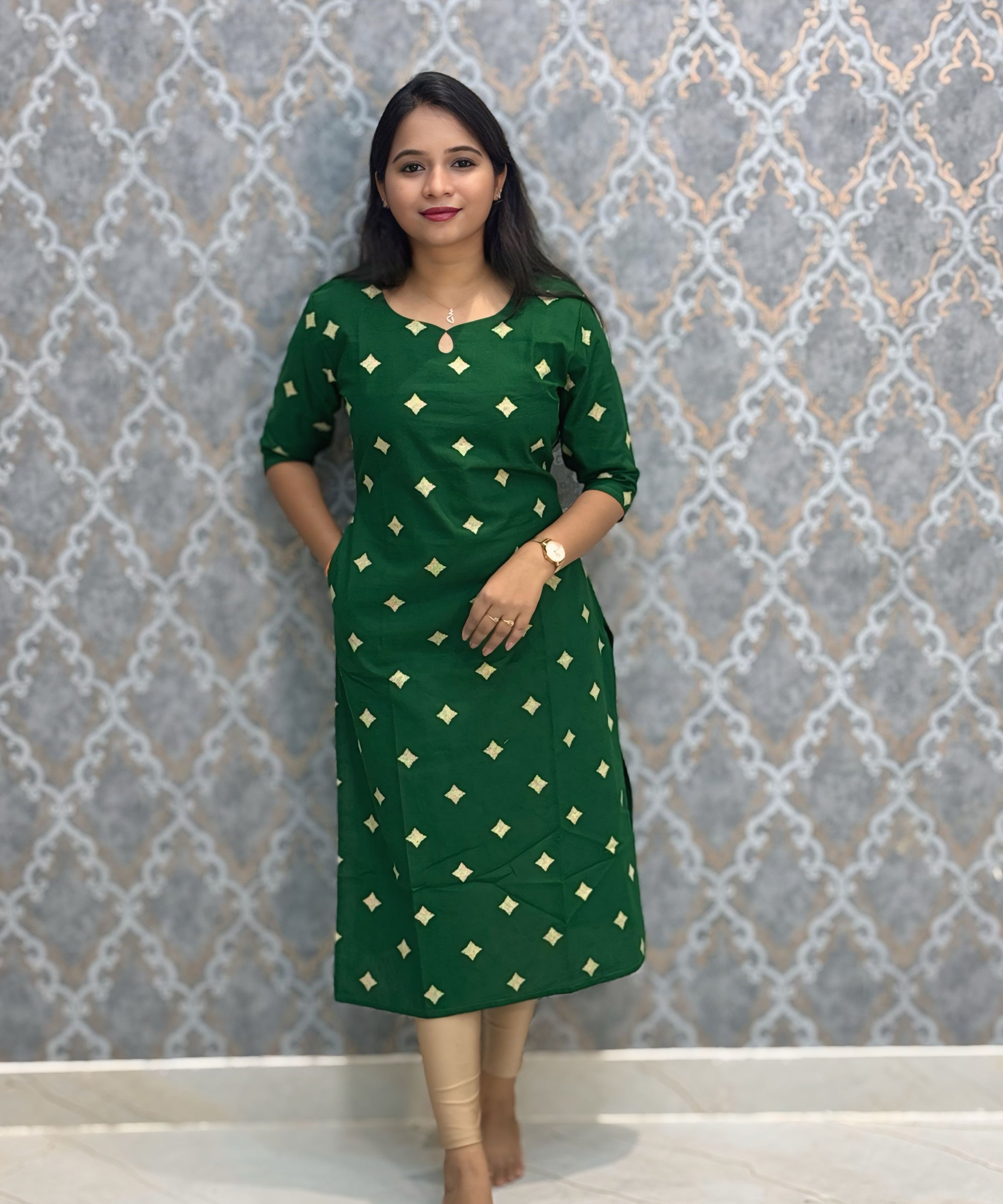 Green Color Flex Cotton Kurti with Pocket / LSS214