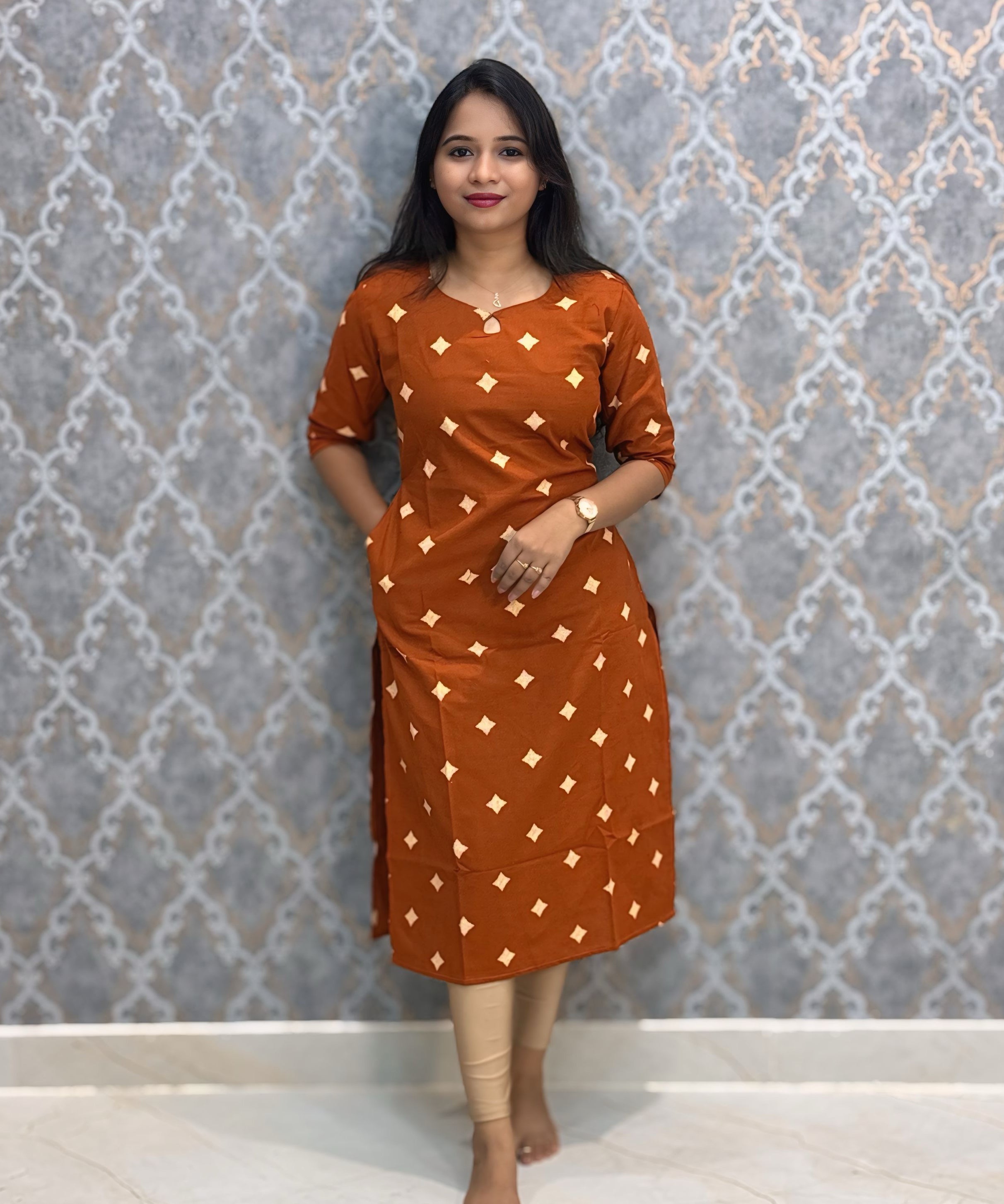 Rust Orange Color Flex Cotton Kurti with Pocket / LSS214