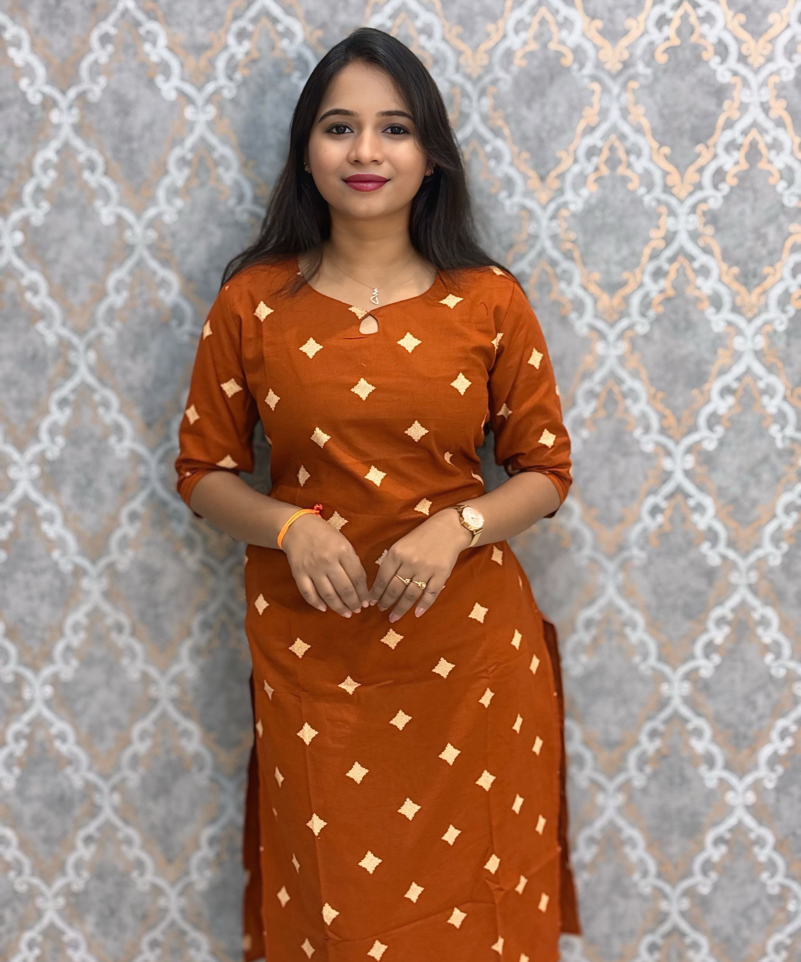 Rust Orange Color Flex Cotton Kurti with Pocket / LSS214