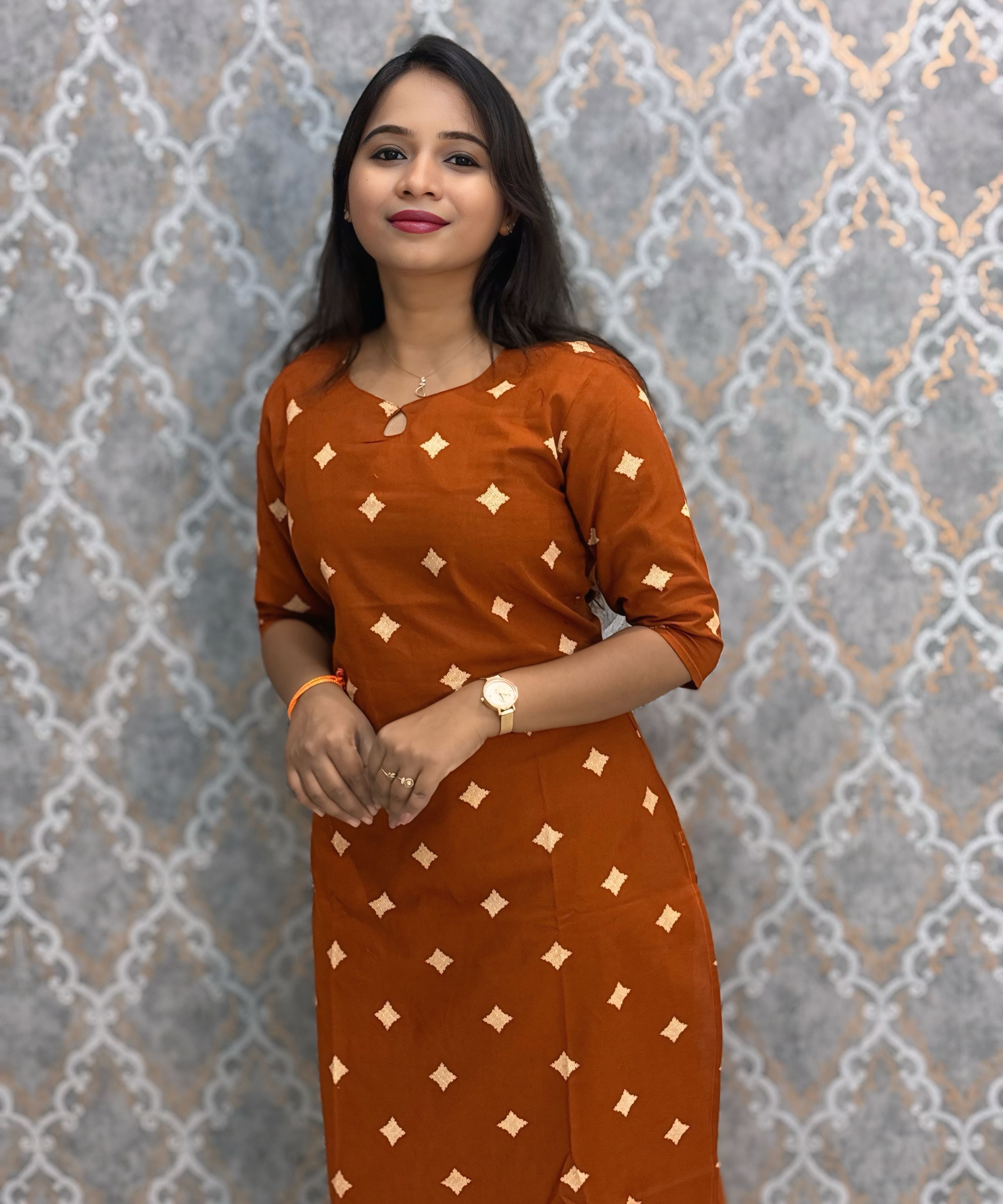 Rust Orange Color Flex Cotton Kurti with Pocket / LSS214
