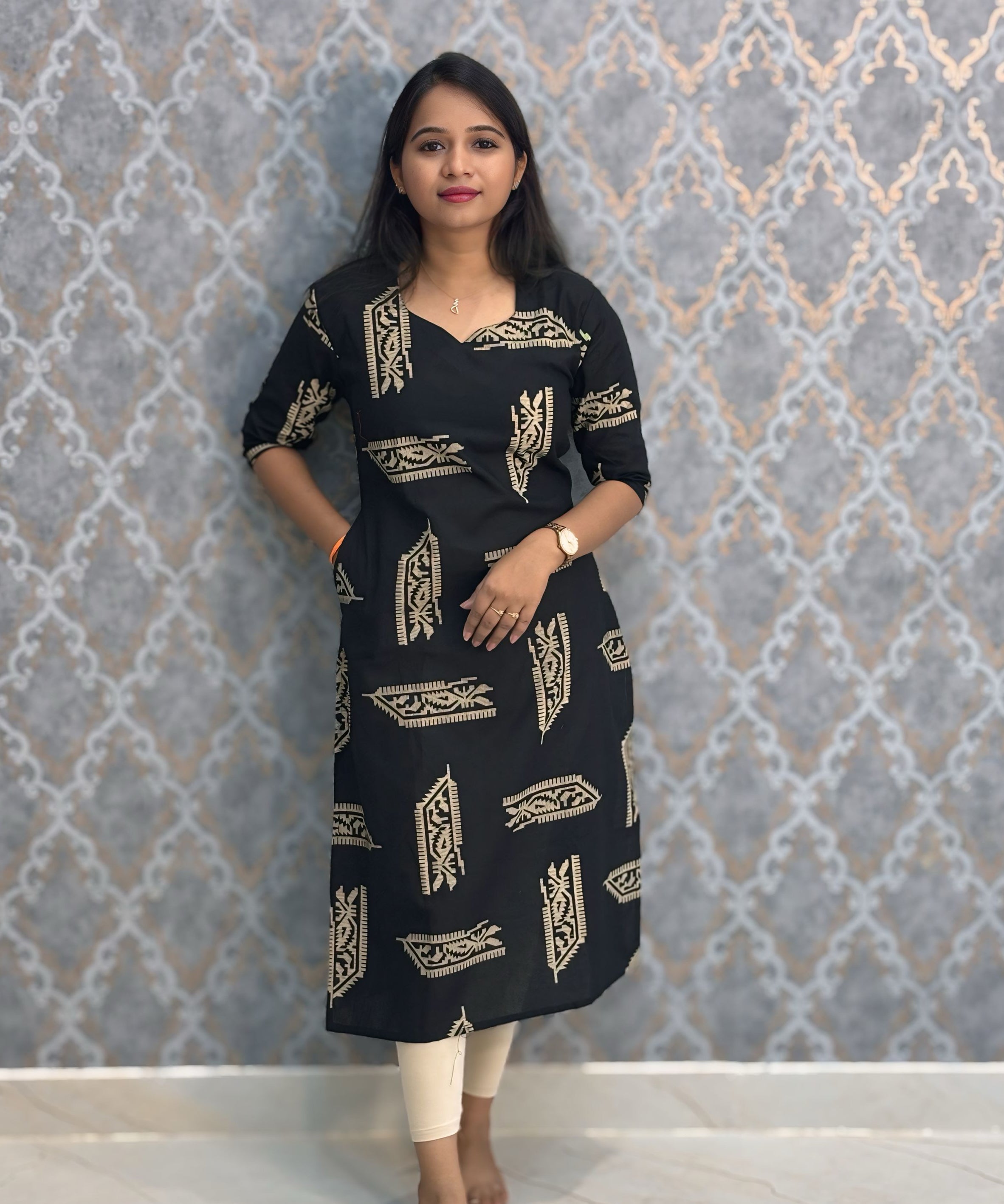 Black Color Shaped Collar V neck Flex Cotton Kurti with Pocket / LSS214
