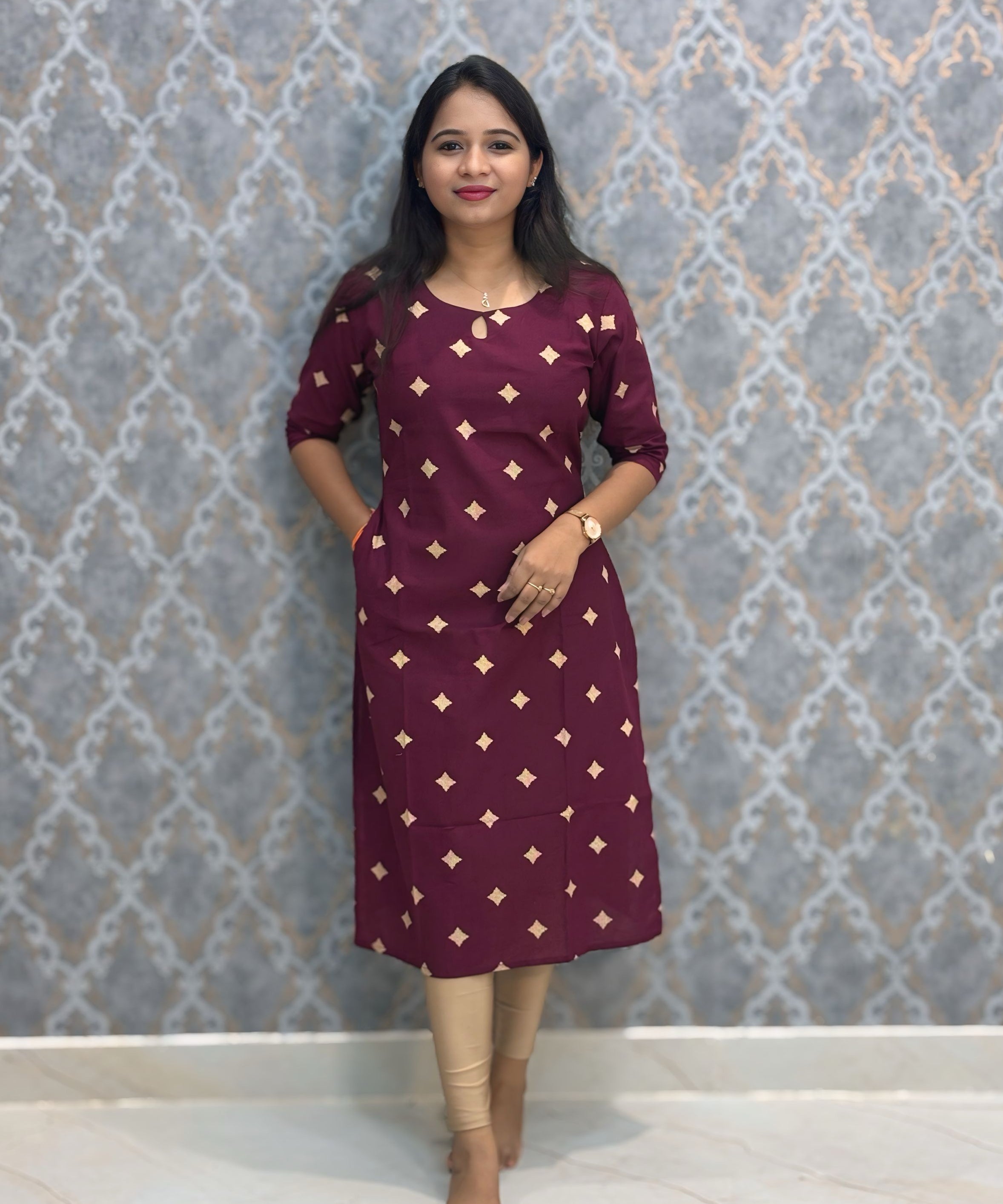 Wine Color Flex Cotton Kurti with Pocket / LSS214