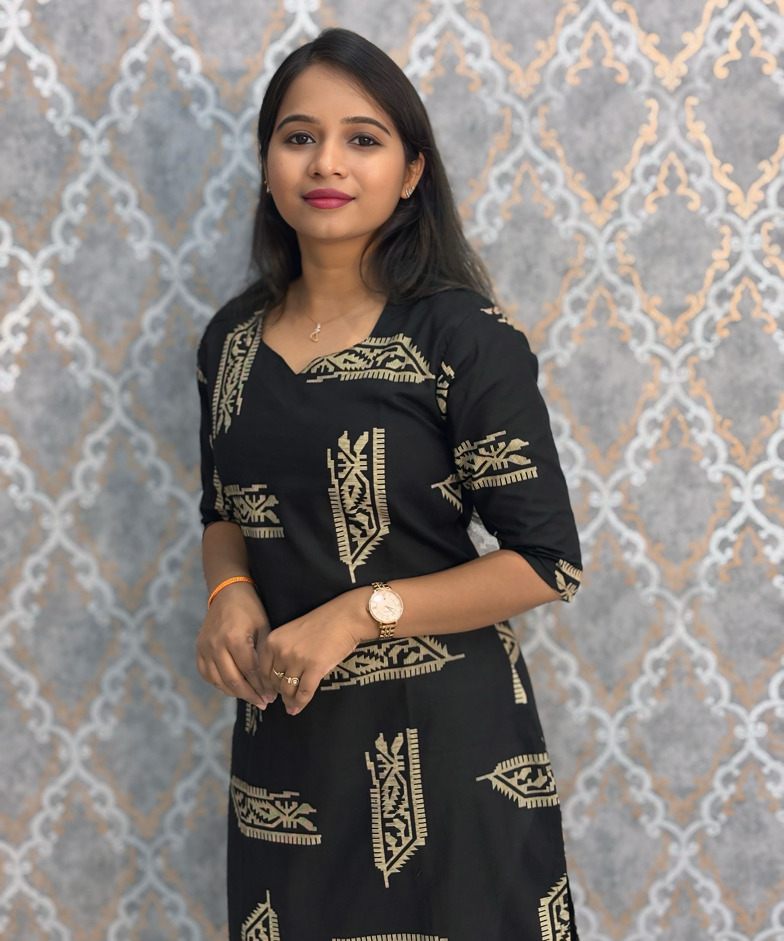 Black Color Shaped Collar V neck Flex Cotton Kurti with Pocket / LSS214