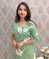 Green and Half White Color Floral Flex Cotton Kurti with Pocket / LSS179