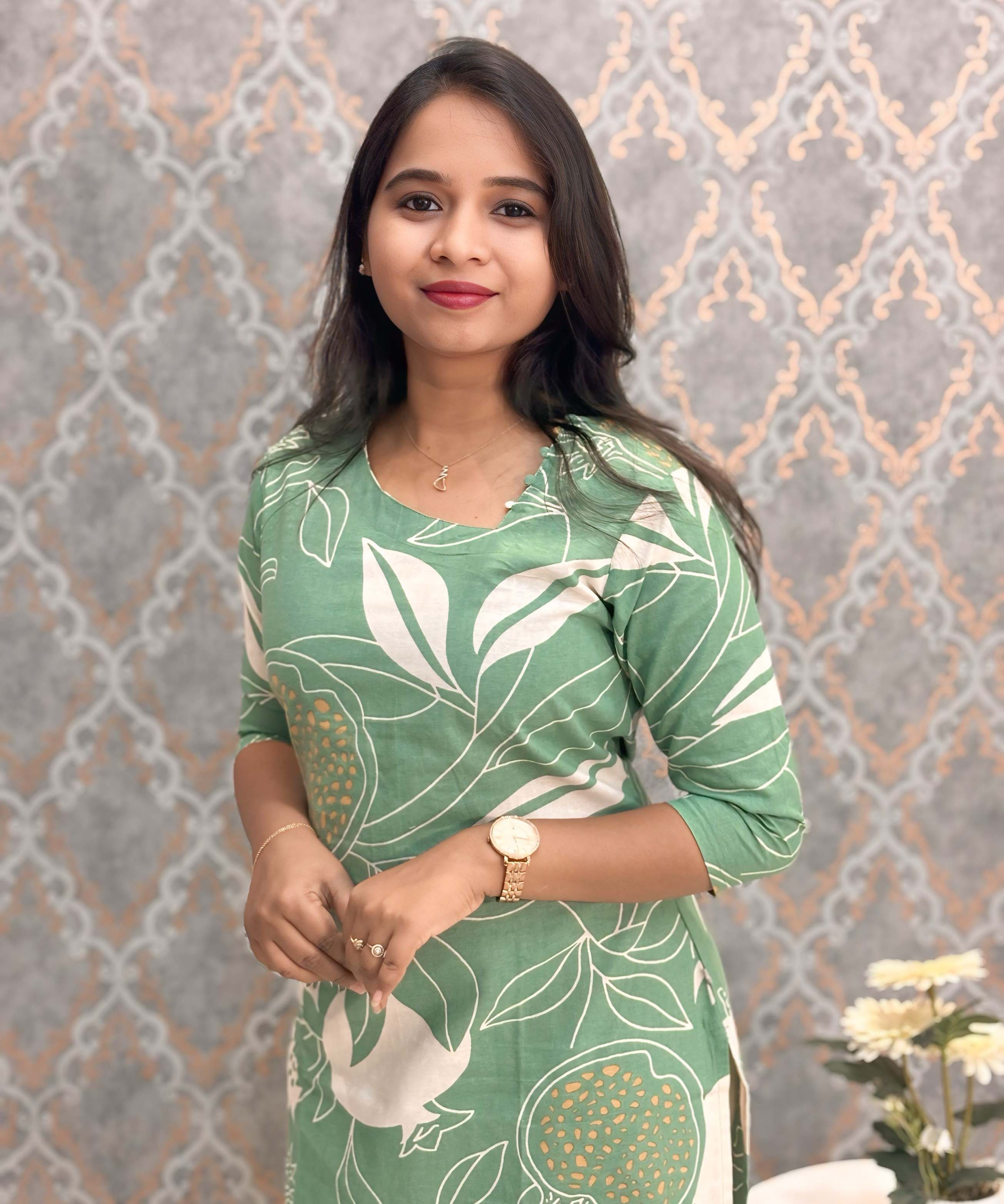 Green and Half White Color Floral Flex Cotton Kurti with Pocket / LSS179