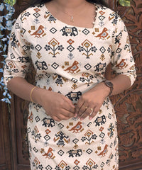 Side Cut with Potli Neck Design Tribal Ikat Printed Flex Cotton Kurti with Pocket / LSS193