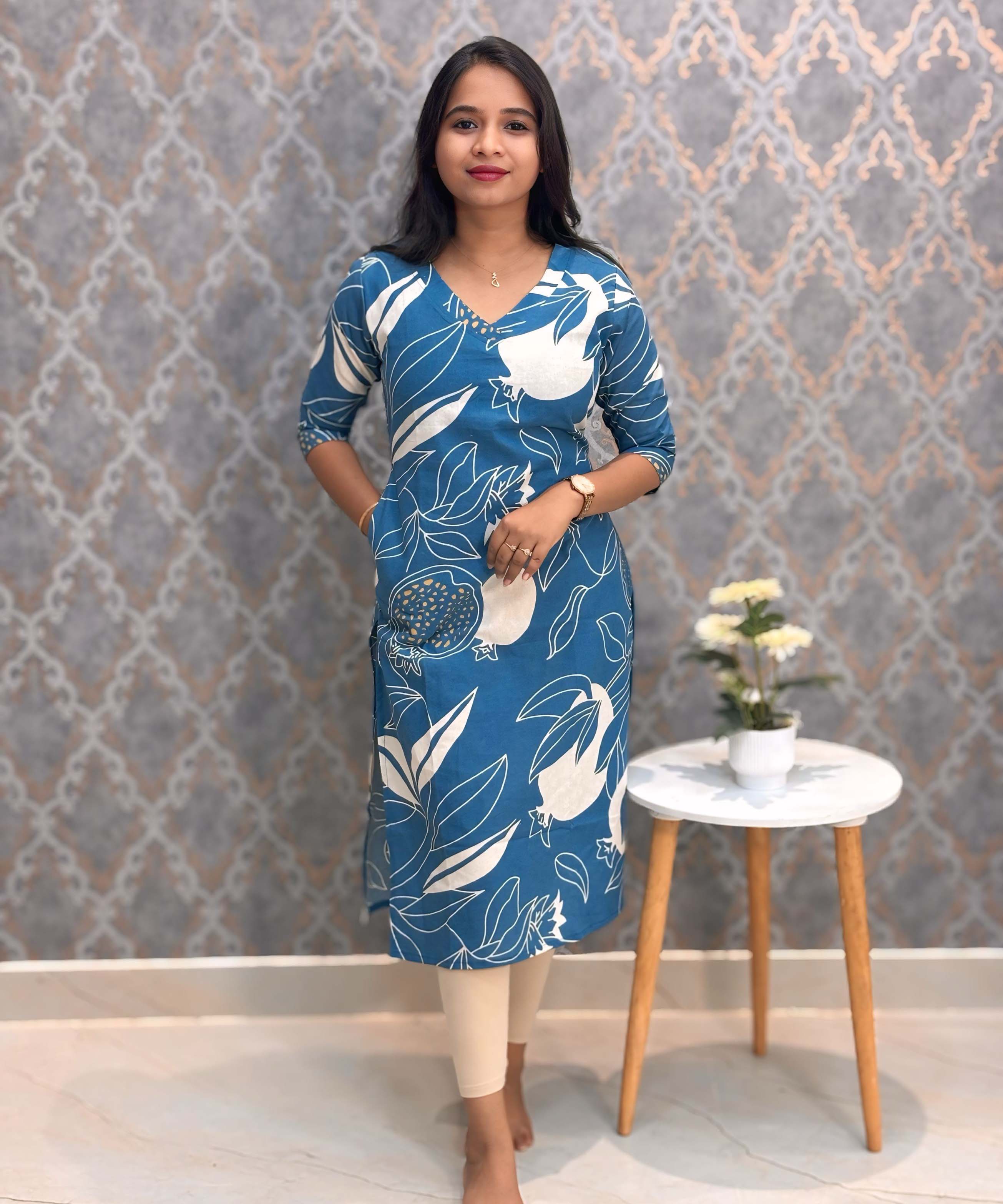 Blue and Half White Color Floral Flex Cotton Kurti with Pocket / LSS179