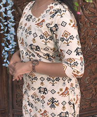 Side Cut with Potli Neck Design Tribal Ikat Printed Flex Cotton Kurti with Pocket / LSS193